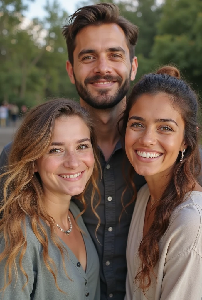 a 23-year-old sister, with medium blonde hair but light brown at the roots and green eyes. and a brother in the middle, 30 years old, without a mustache or beard, with brown hair. and a 31-year-old sister with black eyes and long, straight black hair.