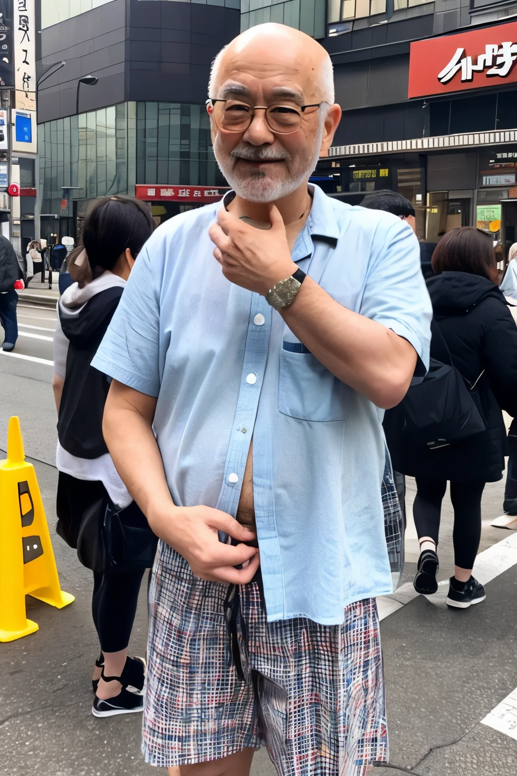 high quality,masterpiece,  1 person,cowboy shot.,field,In the back alley,dim,evening, Front view, (looking at the viewer,60歳male性、male,Bald,Japanese,coat over naked, sweat vapor,embarrassing,can ),muscular butt,Women&#39;s stories