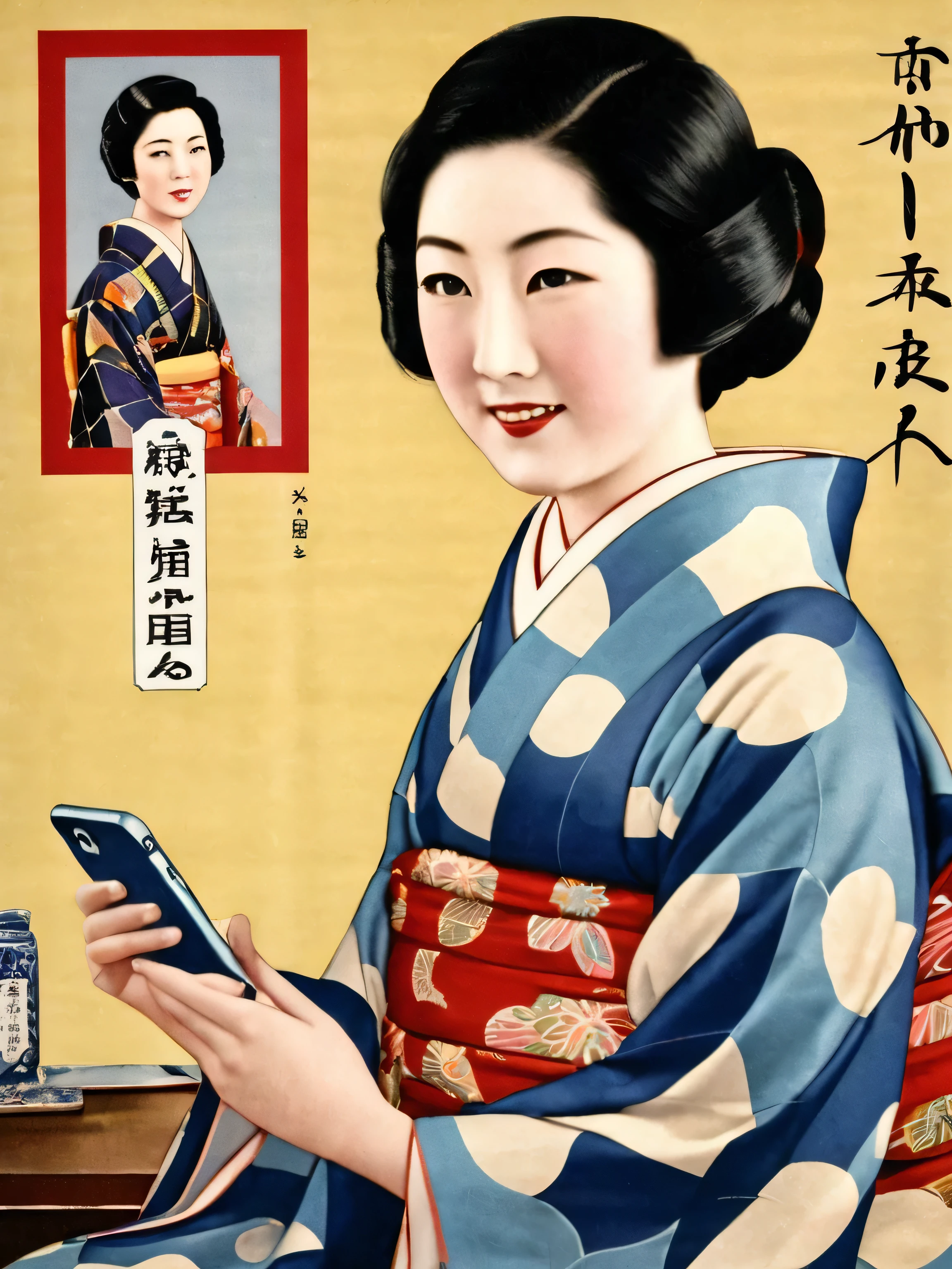 Top quality, masterpiece, 1930s Japanese poster, looking at large iPhone, realistic, retro image, young Japanese woman, geometric patterned kimono, fur collar, kimono, wavy bob hair, black hair, 1930s Japanese photography, close-up