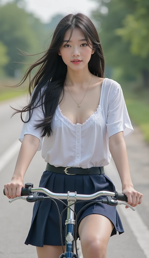 Riding a Bicycle, raw photo of a cute 18-year-old Korean idol girl,blunt bangs,gigantic breasts, cleavage, nihongami,long hair ,black hair, 1girl, Glamor, Japan pornstar,open chest with show cute white sexy bra,school uniform,