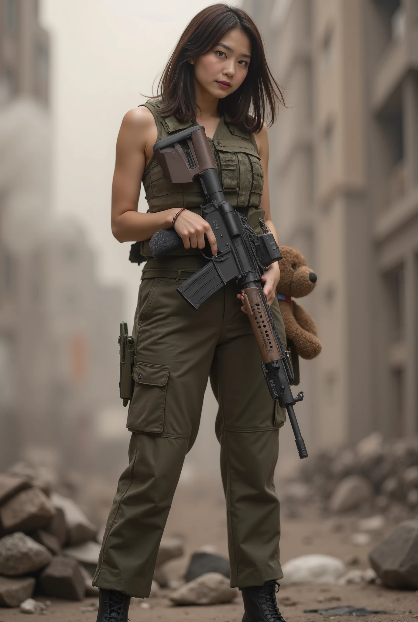 dramatic scene, shadow, Rim Lighting, Very blurry background :1.331, realistic, A beautiful Japanese female soldier, standing:1.31, side view:1.331, 非常にrealisticな写真, Carrying an assault rifle:1.21, Pick up a stuffed bear:1.5, photorealistic, 5 Anatomically Accurate Fingers:1.331, perfect anatomy:1.21, small head:1.21, Close your lips , Portrait of a Japanese woman:1.21, Camouflage Tactical Vest:1.5, camouflage cargo pants, engineer boots, gloves, black hair:1.21, medium hair:1.21, Beautiful Japanese Woman's Face, without makeup:1.21, detailed Iris, Sharp eyebrows:1.37, detailed face, Urban Warfare, cigarette, dust, steam, In the city of a ruined battlefield, growing skin that widens the labia minora:1.21, Silky Screen, dynamic, The light shines like a movie,