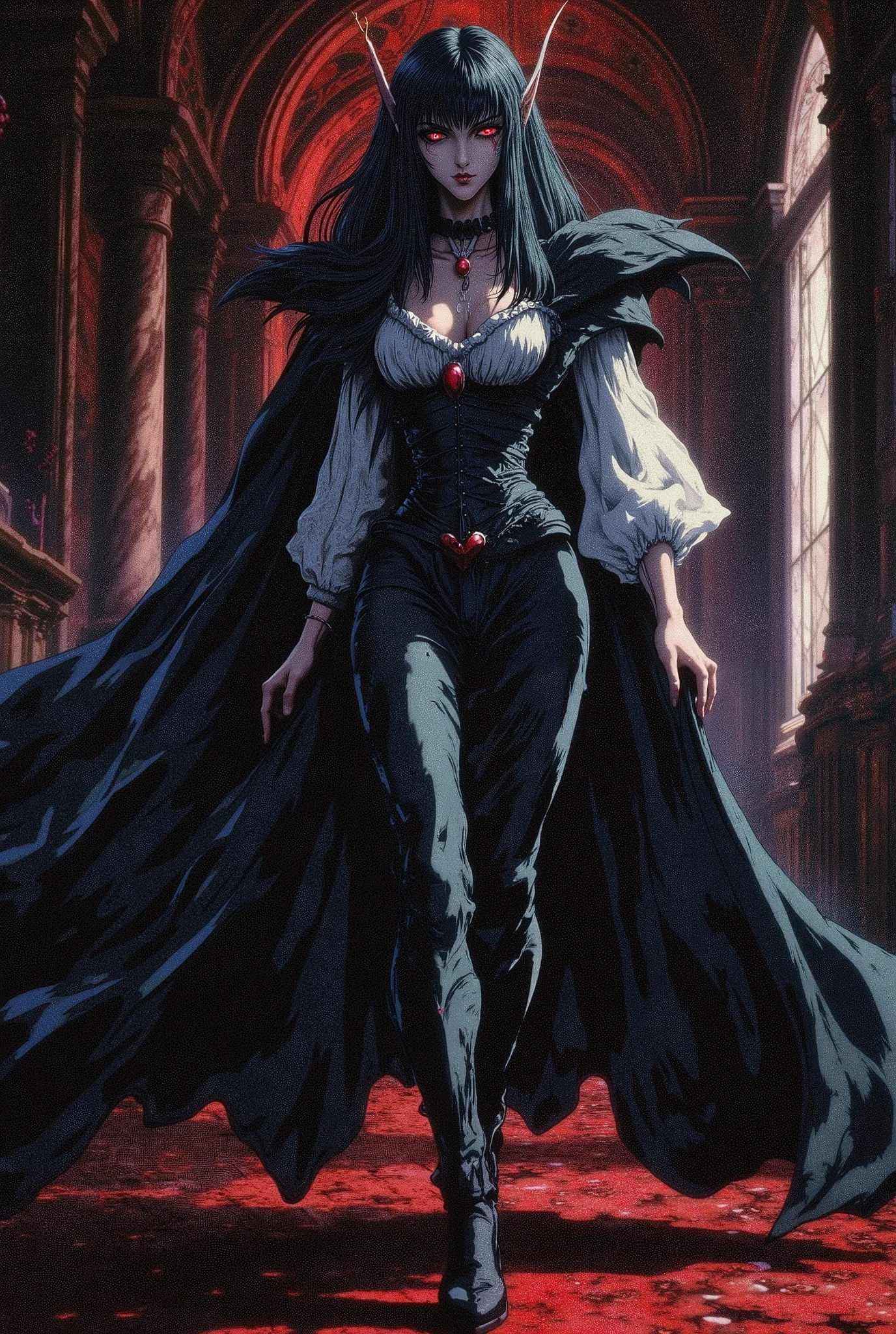woman, fair skin, gothic makeup, vampire, red eyes, voluminous black hair, pointy ears, look of superiority, walking in a luxurious castle, countess, long-sleeved white blouse with low-cut details and ruffles, black leather corset, black leather cape, black leather boots, black leather pants.