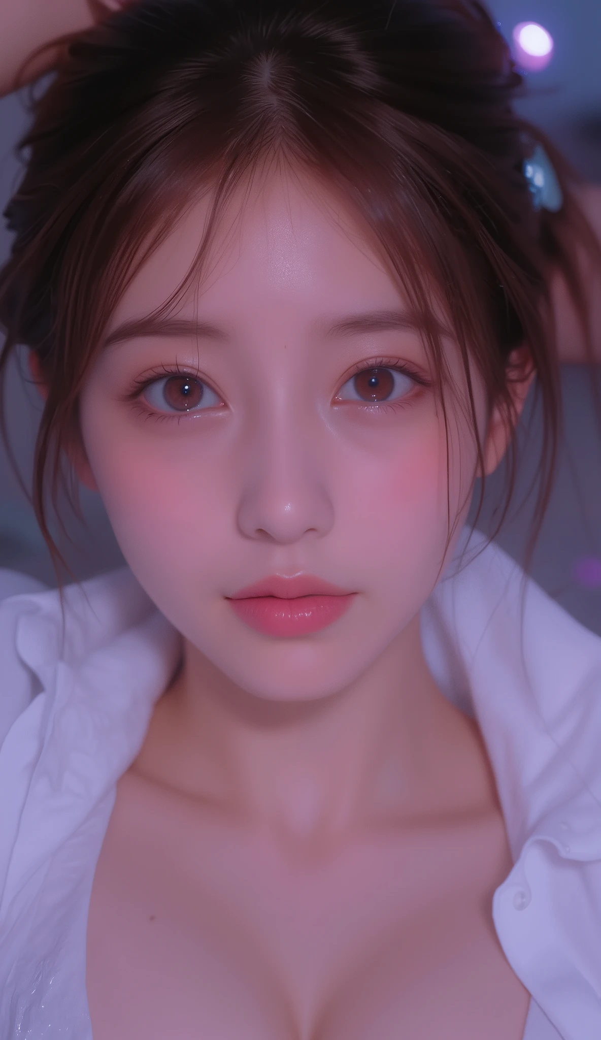 Super Delicate Face and Eye Details, realistic, best quality, abusseur dress, Super Detail, young woman, Beautiful deer eyes, Age 25, smile, (chubby:0.9), Big Breasts, Chest, accentuated Chest, attractive body, (Sensual mood), gradient light brown hair, (I'm wearing a white shirt with open buttons), lace panties, in the bedroom, exquisite realistic skin texture, (wet body:1.5), full body, indoors, Indirect Lighting, ((dim room)), (( night )), (Pink Light:1.2), (areola slip:1.3), LUXURY LYING ON THE BED, spread your legs