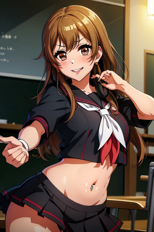 kyoko, headpones around neck, bangs, brown eyes, long hair,brown hair, seductive smile, blush, lipstick, jewelry, earrings, Hot girl, baddie, mean girl, sensual, attractive, masterpiece, best quality, ((unbuttoned school uniform, cleavage, necklace, earrings, sexy body,
breasts)) , micro skirt, smiling, navel , exposed belly, exposed navel,(nsfw) not safe for work,school,
classroom , hold a gun,knot, holding pistol,navel piercing