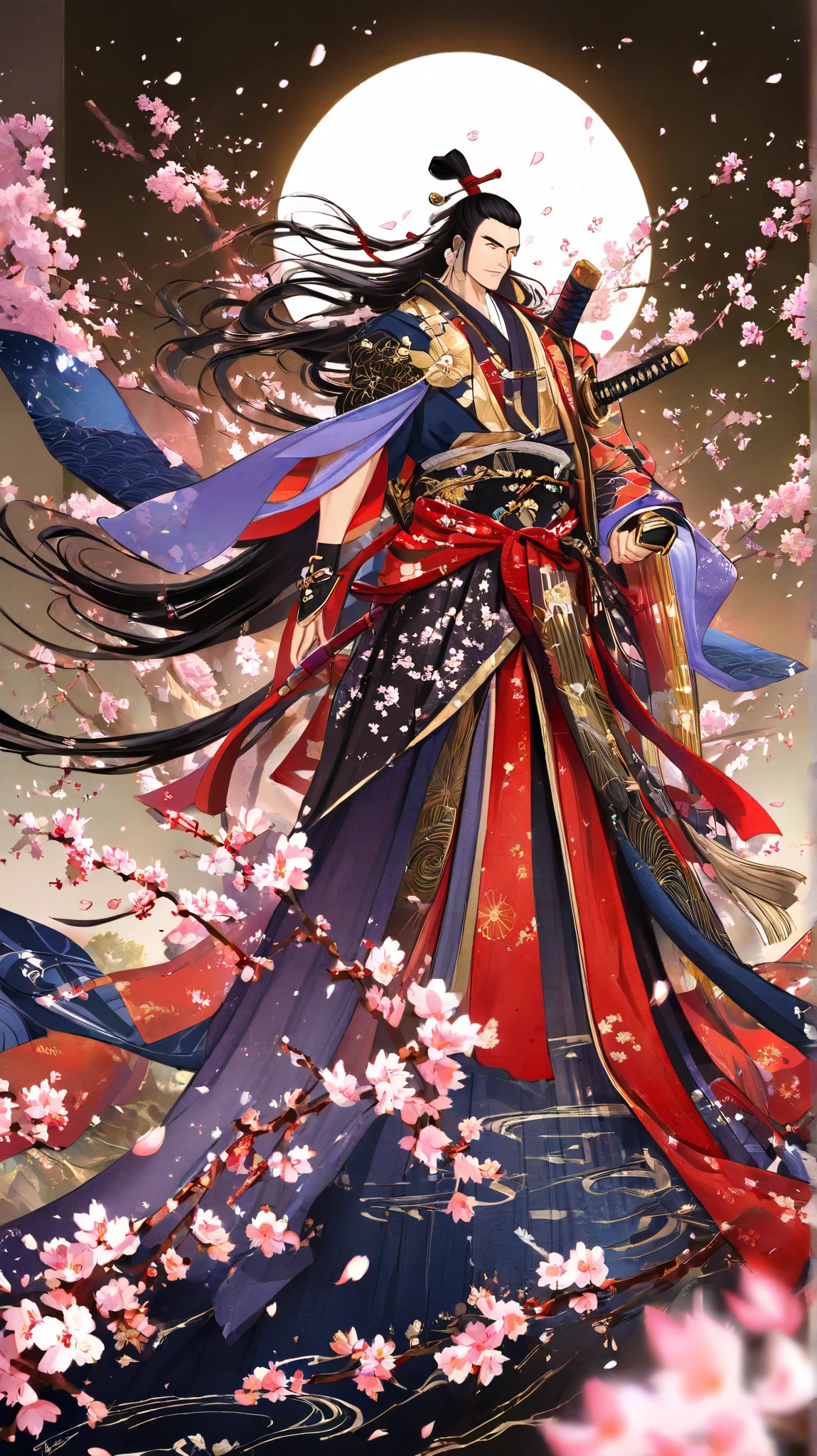 A rotund, stocky shogun sits with a commanding presence, flanked by two towering, muscular samurai. Each samurai has a katana strapped to their back and wears their hair in a traditional topknot (chunmage). They are dressed in opulent, intricately designed kimonos, exuding wealth and authority. The scene is set beneath a canopy of blooming sakura trees, with petals gracefully falling around them. The composition is rendered in a hyper-detailed ukiyo-e style, emphasizing chiaroscuro lighting, rich textures, and a striking depth of field, creating a dramatic and award-worthy visual.
