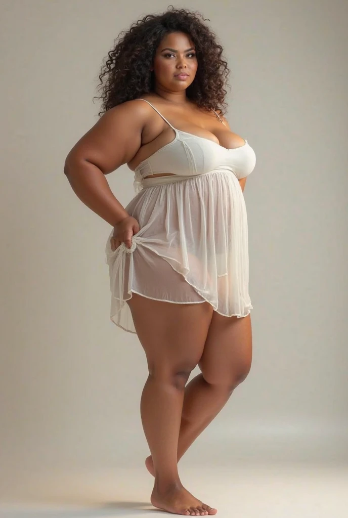 Bedroom scene, A radiant, full-figured South Indian 35 year old aunty a gray colour chiffon fully transparent mini frock, standing, in a bedroom, captured in a full-body image with vibrant hues and meticulous details. Full body image
