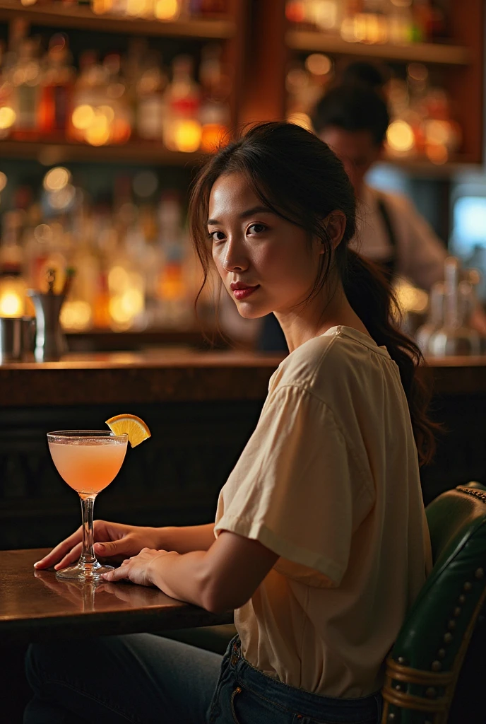 A woman happily drinking a tea cocktail、looking at the camera