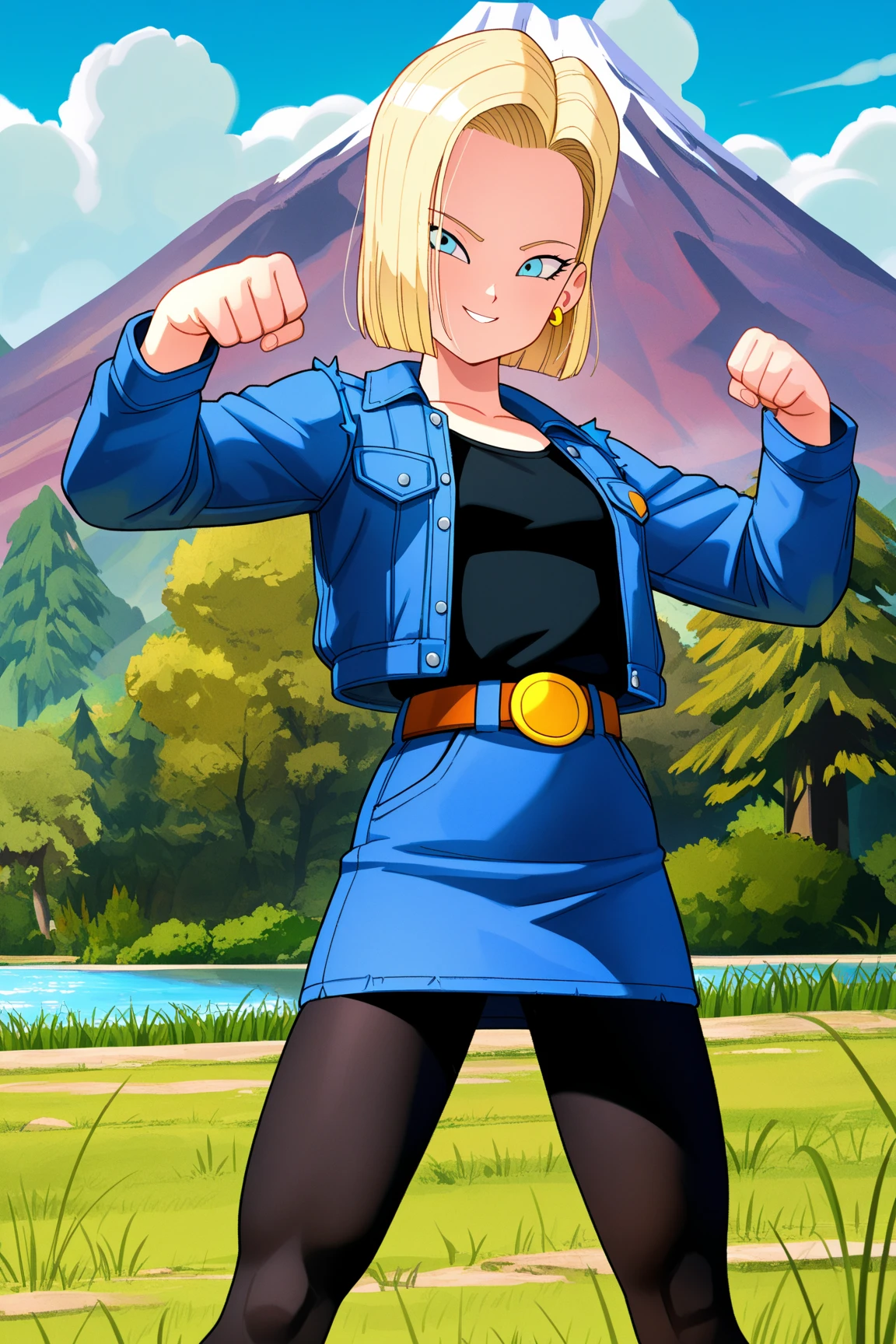 score_9, score_8_up, score_7_up, score_6_up, score_5_up, score_4_up, masterpiece, official art, source_anime, anime screencap, absurd quality, heavy outline, cartoon, Perfect Hands, perfecteyes, posmach, perfectly detailed face and body and eyes, (((solo))),
1 girl, skinny body,, big eyes, (((Awesome haircut))), flat chest, skinny body, (((young))), posing, smug, sexy pose, lewd slut bitch, long hair, android 18, blonde hair, belt, black legwear, black shirt, breast pocket, cleavage, collarbone, denim, denim skirt, high-waist skirt, jewelry, long sleeves, pocket, shirt, shirt tucked in, skirt, striped, striped sleeves, waistcoat, (((bellybutton))), (((back view, from back, looking back))), bent over, from below view, (((flying))), full body