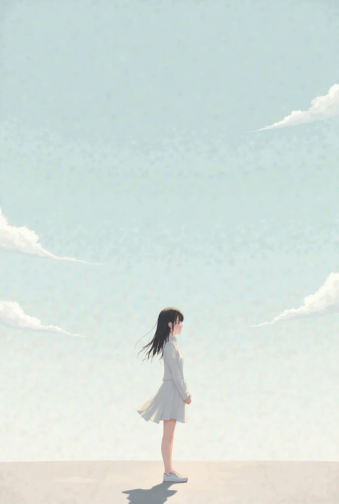 Boy long black hair black shirt with white collar in the clouds