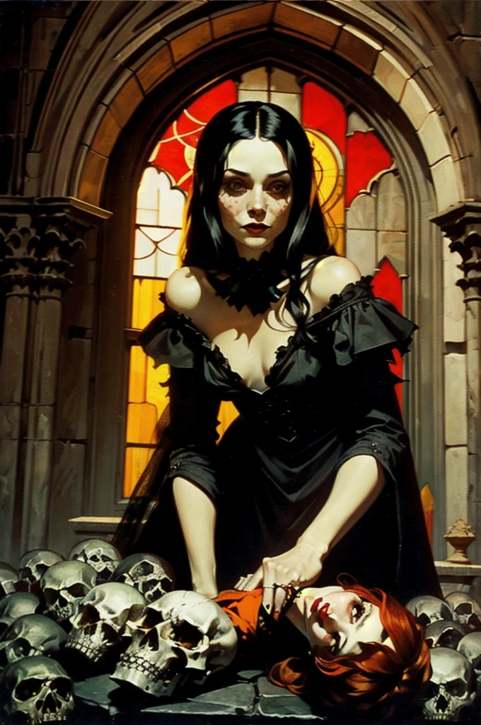 vampire, long black hair, middle ages, noble sexy clothing of the middle ages, blood in the mouth, slight smile, in a placio room, large window with night views, dim light, sepia tones,(art inspired in Bill Sienkiewicz). oil painting)
