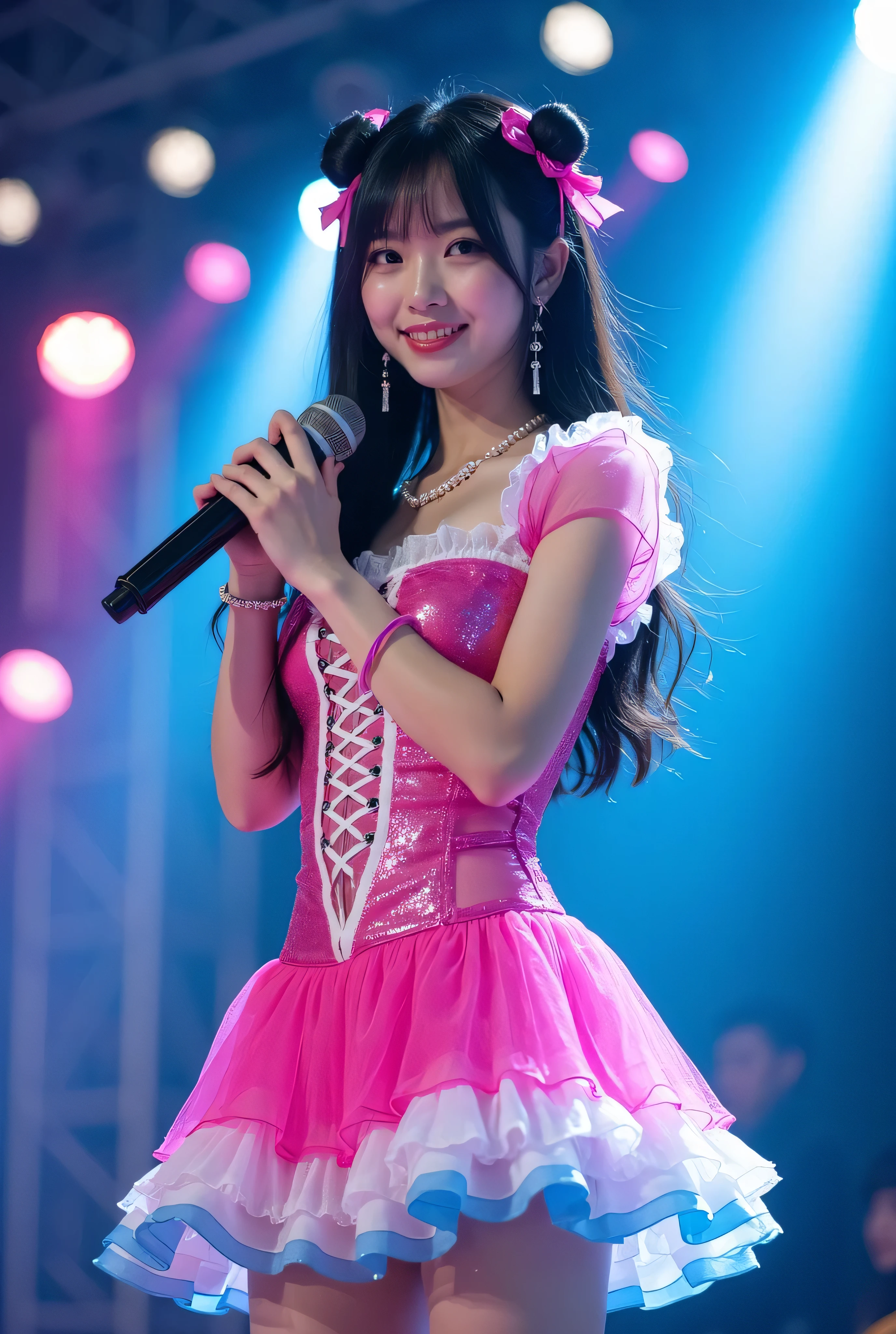 Create a highly detailed, realistic image of a young woman with long, dark hair styled with two small pink bows on either side. She is wearing a vibrant and transparent shinning glossy pink short dress that has a layered, frilly design with white ruffled edges on the sleeves and neckline. The dress has intricate lace-up details on the front, with white ribbons crisscrossing over the bodice. A large, white bow is tied around her waist, and the skirt is layered with multiple ruffles, alternating between white and pink frills. The upper part of the dress has a mix of white and blue accents, especially around the shoulders, giving it a lively, idol-like appearance. The girl’s expression is cheerful and playful, with a radiant smile, captured both in performance and posing with a slightly pensive look. Ensure that her outfit appears shiny and glossy, reflecting stage lights, and incorporate a vivid, performance-like atmosphere in the background. Some Lights shooting around, she hold microphone, head thighs portrait,