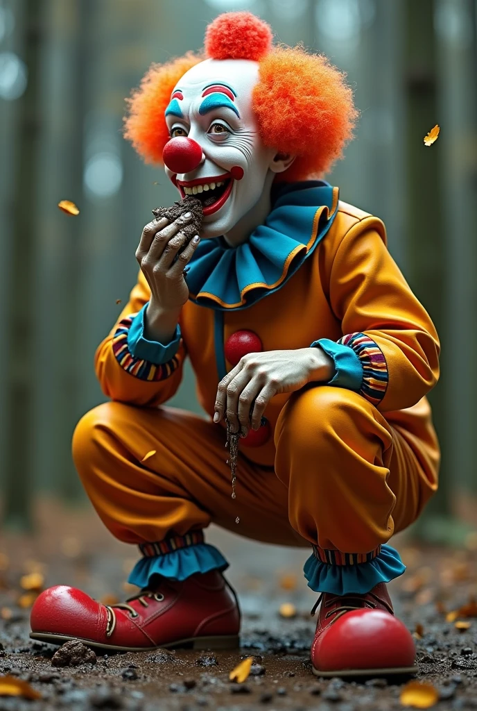 (medium full shot) of (supermodel clown) young woman, red plastic nose, white face paint, hair in braids, wearing a orange colorful hoodie,striped pants,red oversized shoes, squirting flower, glitter makeup, set in public park, Picnic Area, Shaded spot with picnic tables, benches, trash bins, barbecue grills, nearby trees providing a cool breeze, at sunset, woman surprised, open mouth, running toward the viewer, Masterpiece,best quality, photo, realistic, very aesthetic, detailed face,