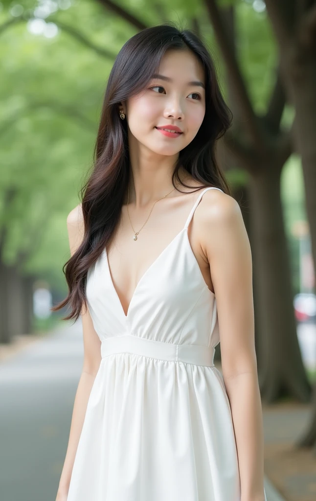 Highest quality, masterpiece, Ultra-high resolution (Realistic: 1.4), RAW Photos, 1 Girl, White Dress, Bare shoulders, A field full of pink flowers, Glowing Skin, smile