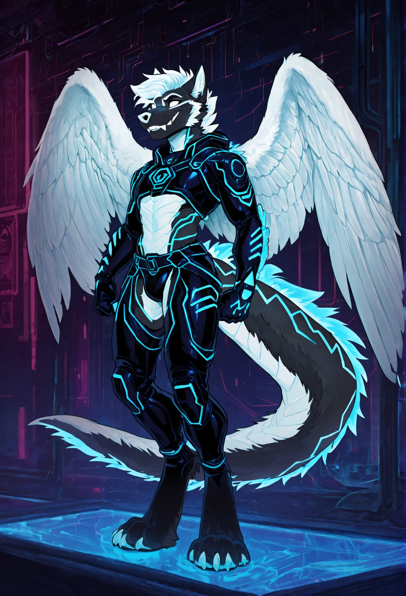 androgynous build, anthro wolf-dragon hybrid, black fur, neon blue bioluminescent markings, feathered wings, long scaled tail, glowing white eyes, cyberpunk outfit
