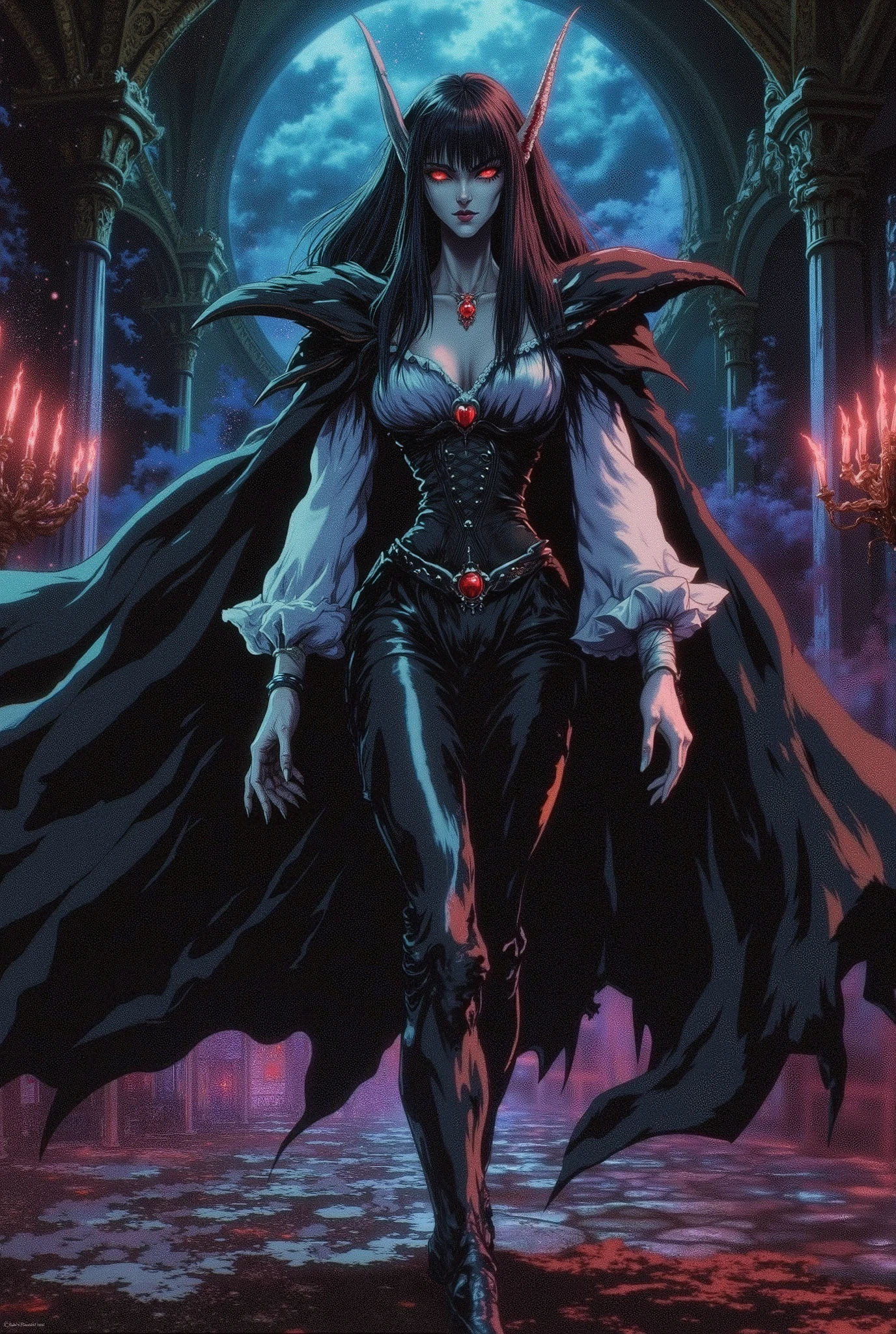 woman, fair skin, gothic makeup, vampire, red eyes, voluminous black hair, pointy ears, look of superiority, walking in a luxurious castle, countess, long-sleeved white blouse with low-cut details and ruffles, black leather corset, black leather cape, black leather boots, black leather pants.