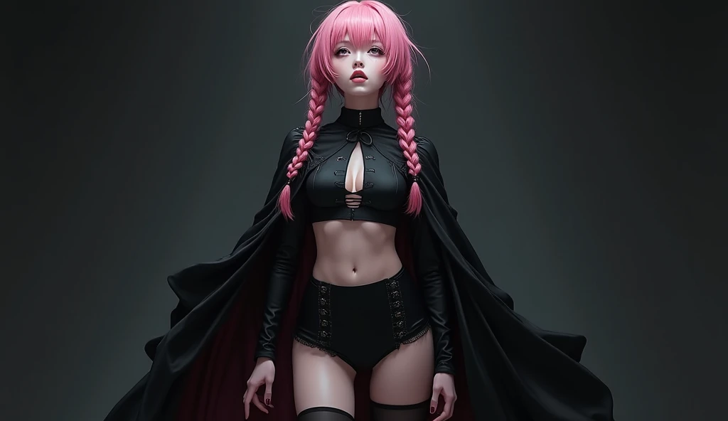 masterpiece, 8k, CG, one beautiful women, solo, cat head, full body, dynamic pose, (shiny skin:1), ultra-detailed, ultra high res, (photorealistic:1.4), (best quality), (best shadow), (((face detailed))), eyes detailed, nose detailed perfect lighting, lighter pink hair, normal breasts, (thick thighs), (black transparent lace), (wide hips), (abs:0.5), (blue eyes), lace choker, smokey make up, cloak, close up, (simple withe background), (((exhibitionism))), perfect lighting, best shadow, smooth, incredible shadows, realistic, (highly detailed background:1.2),