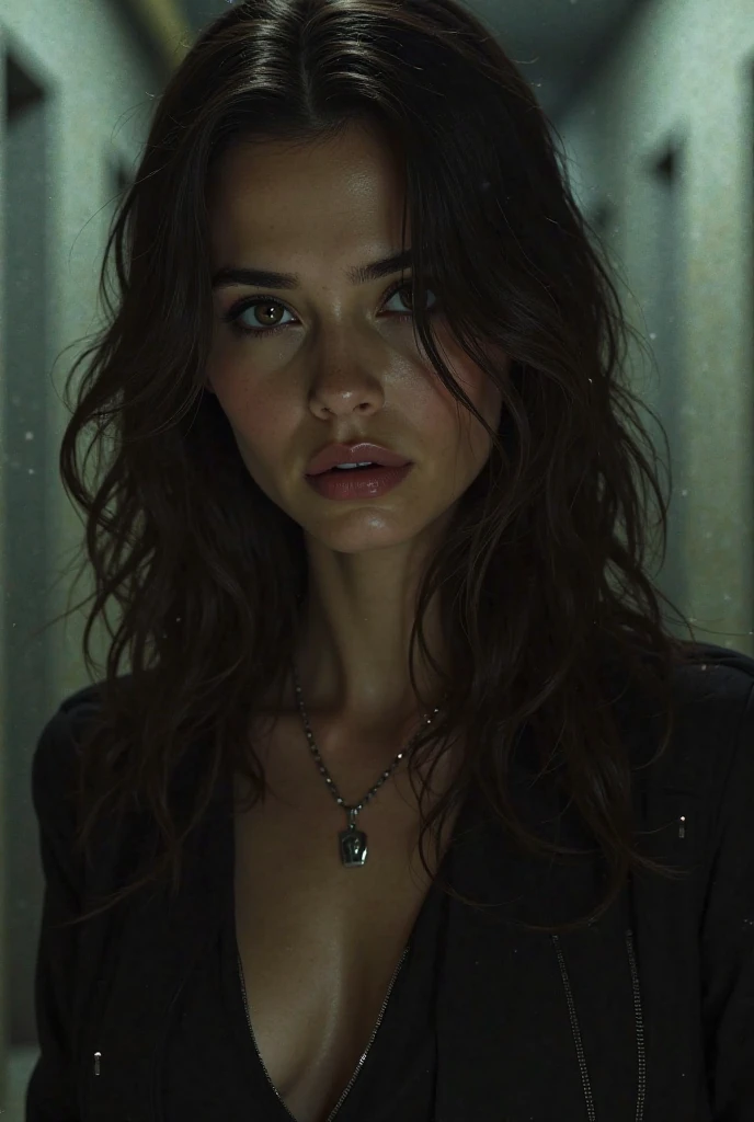 woman in front of a car, cleavage, in a forest, at midnight, headlights