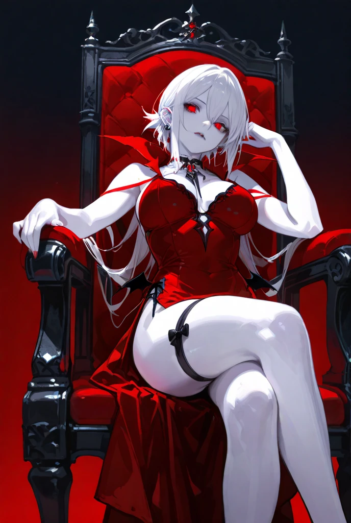 (score_9,score_8_up,score_7_up), masterpiece, best quality, nsfw, expressive eyes, white skin, red eyes, black horns, long messy white hair, black gradient hands, smoking costume, sitting on chair, spread legs