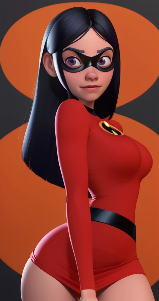 Violet Parr, (eye mask) close up, vagina:1.3, location is superhero lair, long black hair,(purple eyes) , slim, ass, view from front, view from below, red costume with incredibles logo, black thigh high boots, bare breasts:1.4, glamour makeup, retro futuristic, 1950 style, sci-fi, visible breasts, visible nipples:1.4, she is almost naked, ultra detailed, perfect face, perfect skin texture, depth of colour to her eyes, dynamic lighting, volumetric lighting, 8k, visible vagina:1.5, eye mask