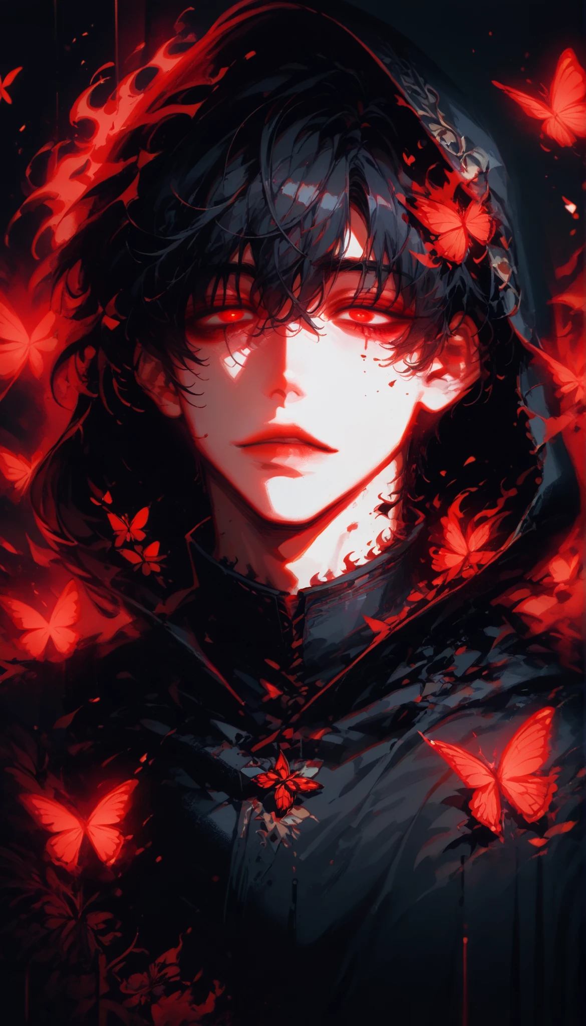 (score_9, score_8_ up), score_7_, cowboy shot, dark atmosphere, Adult male, black hair, black robe with hood , one boy , red eyes, No Emotion , reality , Bust , sexy boy , bangs over eyes、Downcast eyes、Thin eyebrows, short hair, ((red butterflies, red eyes in black shadows all over the place, flames))