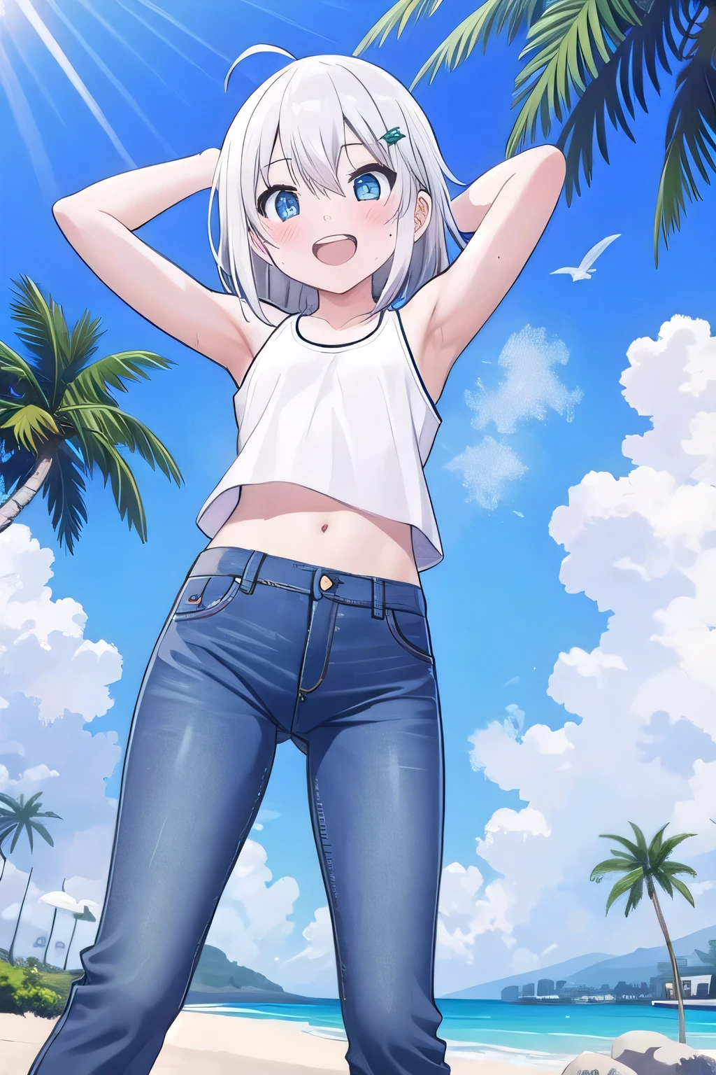 masterpiece, best quality, ultra detail, ((Perfect Face, perfect eyes, perfect hair, perfect arm)), 1girl, , peti ((round face, ecstasy, orgasm face, drooping eyes, shame smiling, blush)), dropping eyes, sleepy, Open mouth, ((White teeth)), background((under the beach, (day:1.2), palm tree, bright sky)), miku hatsune, ahoge, aqua eyes, (white hair:1.4), crossed bangs, hair between eyes, hair ornament, (short hair:1.4), (straight hair:1.7), ((arms behind head, hands behind head, fingers behind head)), ((contrapposto)), spread armpits, looking at viewer,, (white tank top:1.2), (white crop top:1.2), (jeans pants:1.2, flares jeans:1.2, skinny jeans:1.2, blue jeans:1.2), standing, (legs spread:1.4), sex pose, Sweaty crotch, Steam from the crotch, from below, whole body
