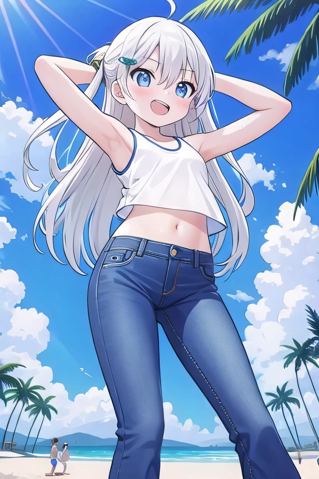 masterpiece, best quality, ultra detail, ((Perfect Face, perfect eyes, perfect hair, perfect arm)), 1girl, , petite, ((round face, ecstasy, orgasm face, drooping eyes, shame smiling, blush)), dropping eyes, sleepy, Open mouth, ((White teeth)), background((under the beach, (day:1.2), palm tree, bright sky)), miku hatsune, ahoge, aqua eyes, (white hair:1.4), crossed bangs, hair between eyes, hair ornament, (long hair:1.4), (straight hair:1.7), ((arms behind head, hands behind head, fingers behind head)), ((contrapposto)), spread armpits, looking at viewer,, (white tank top:1.2), (white crop top:1.2), (jeans pants:1.2, flares jeans:1.2, skinny jeans:1.2, blue jeans:1.2), standing, (legs spread:1.4), sex pose, Sweaty crotch, Steam from the crotch, from below, whole body