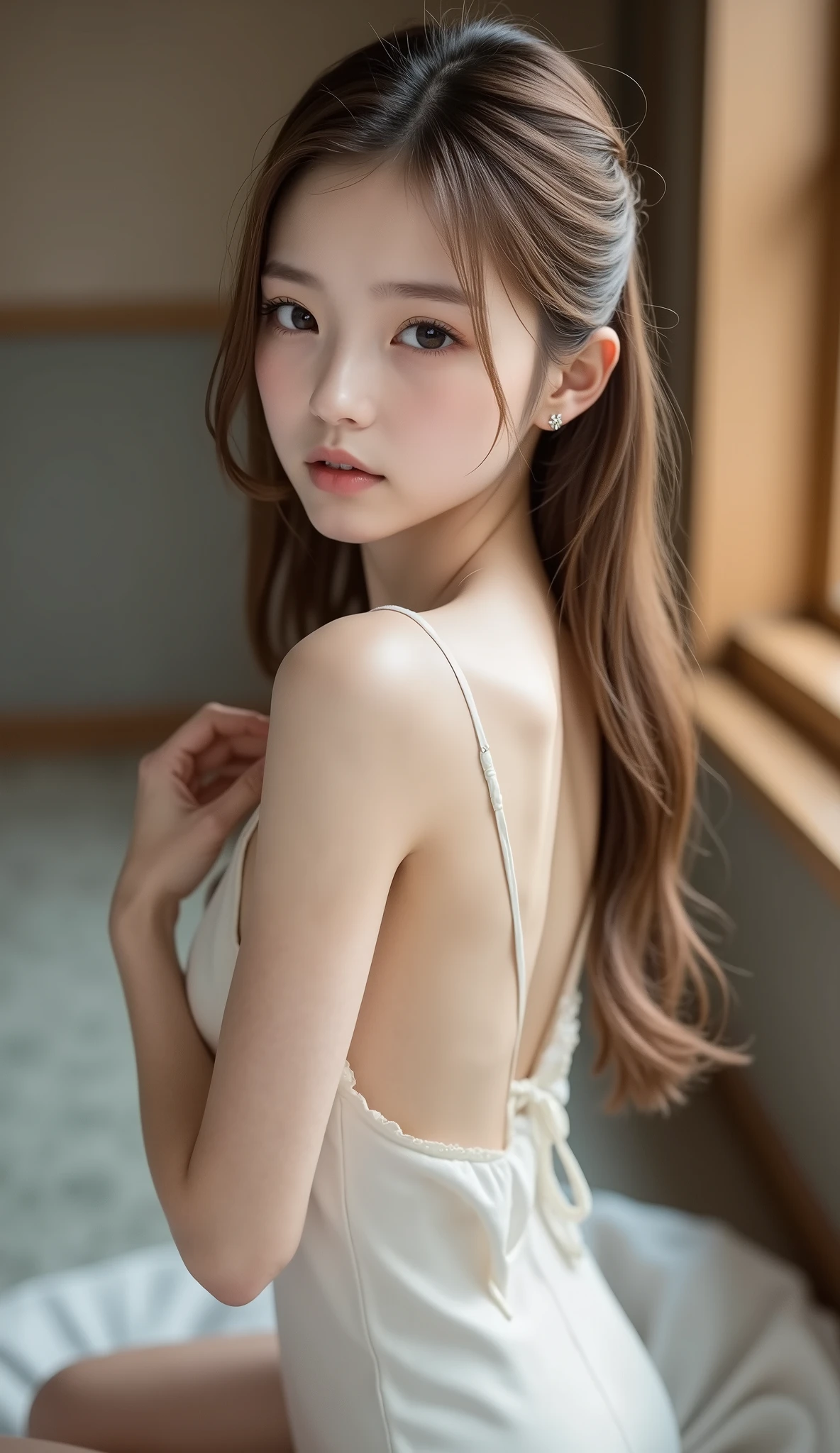 (((Petite and delicate beautiful girl、slender body line)))、top quality、greatest masterpiece、best image quality、reality、Ultra High Definition、(detailed eyes and face:1.2, professional photography techniques)、(perfect anatomy:1.2)、(detailed hands:1.3, perfect right hand:1.2)、( detailed legs:1.3, thin thighs, beautiful feet)