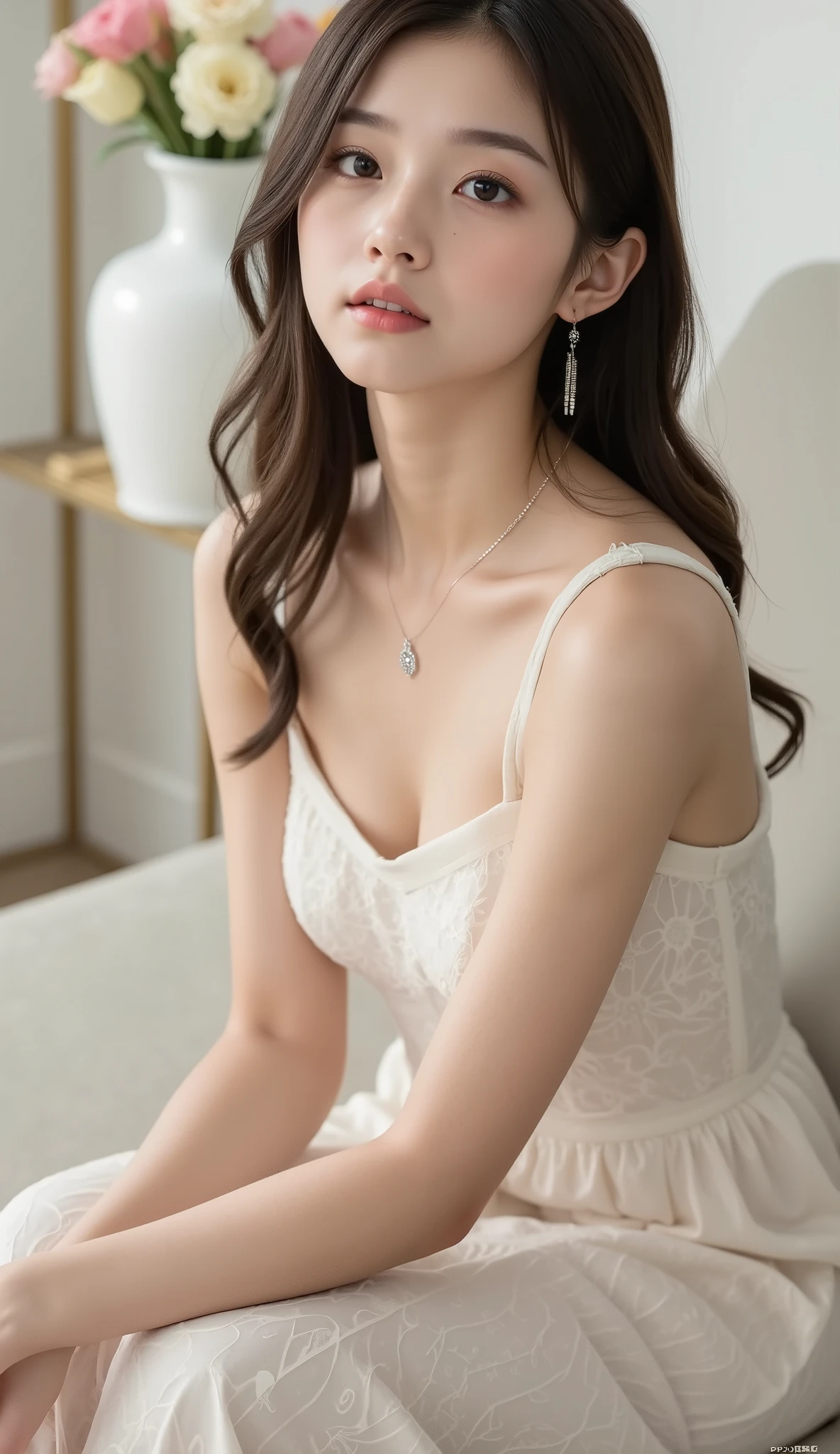 (((A beautiful girl who is petite and delicate、slender body line)))、top quality、greatest masterpiece、best image quality、reality、Ultra High Definition、(detailed eyes and face:1.2, professional photography techniques)、(perfect anatomy:1.2)、(detailed hands:1.3, perfect right hand:1.2)、( detailed legs:1.3, thin thighs, beautiful feet)