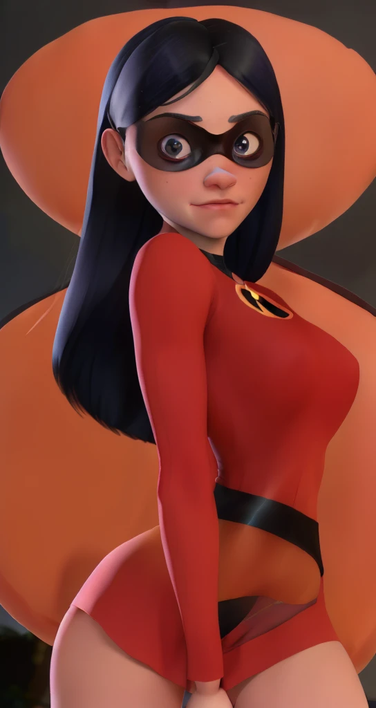 xyzviolet, 1girl, long hair,  beautiful, masterpiece, portrait, closeup, clothes from the incredibles, shortminiskirt, 4k, beautifull feet, sexy , large breasts 