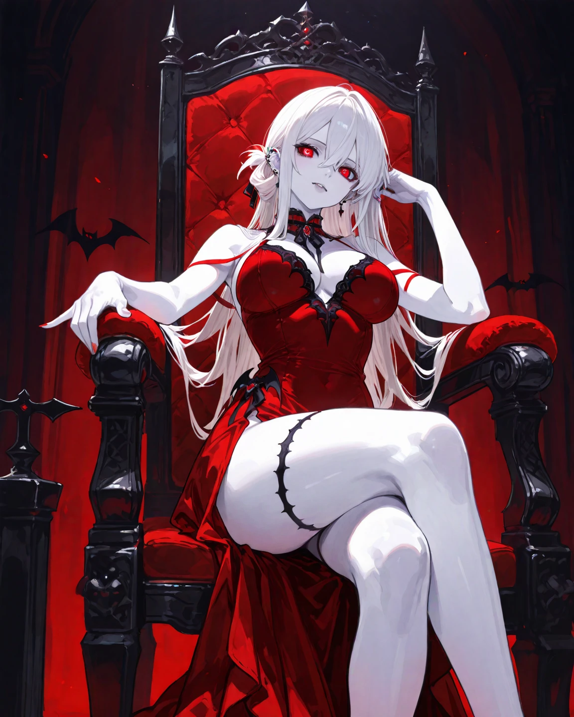 (master piece), (best quality), a vampire, vampire woman, with platinum hair, long hair, heavy and platinum hair, very white skin, skin as white as snow, red eyes, ruby ​​eyes.  [(pose: sitting on a throne, legs crossed, hands crossed on the knees,.(sitting sideways),(looking forward), silk throne, (white silk, red silk)]. [(Clothes: ( black dress), (large neckline), irregular edges, gothic and sexy style, marked breasts, long cut dress, (exposed legs), high heels,.stiletto heels.)], [(lighting: volumetric lighting), back light, soft light.- 4k