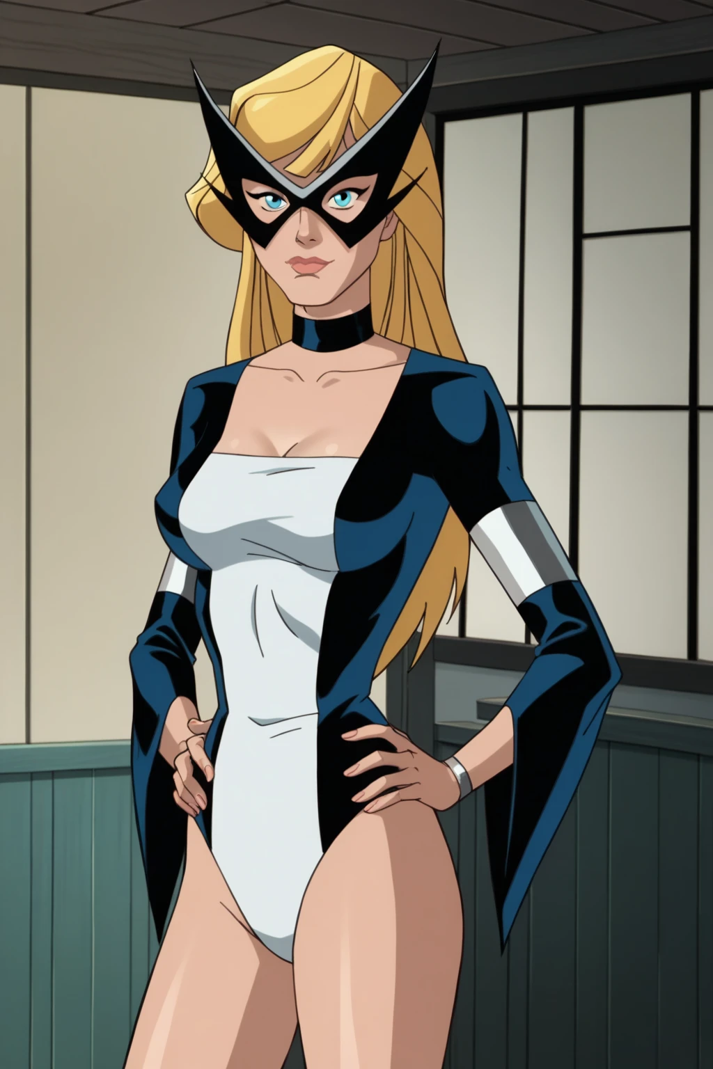 best quality, (masterpiece),(ultra-detailed), (high quality), (high resolution), <lora:mockingbird:0.7>,blonde hair, blue eyes, bodysuit, breasts out, choker, collarbone, domino mask, lips, lipstick, long hair, mask, mockingbird, smile, solo, white background,domino mask,