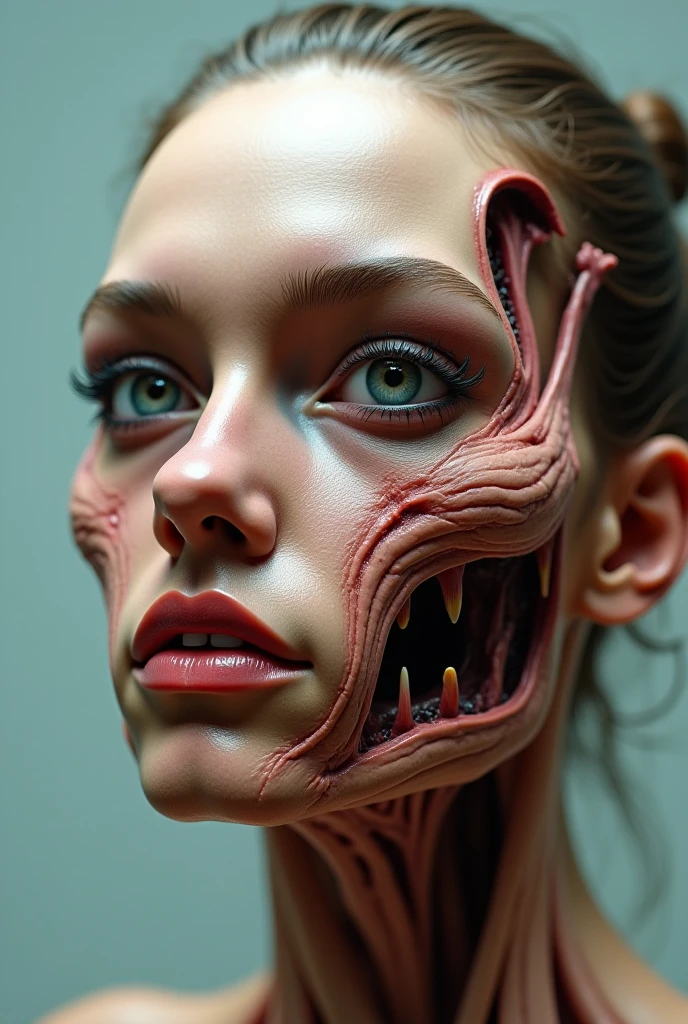 a face of a undead women,decay,decompose,rotten,zombie,worms of terrors