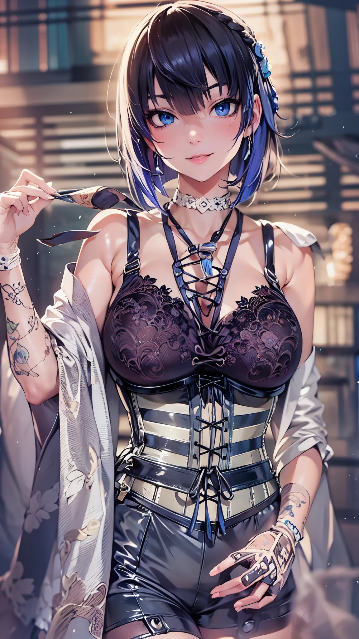 A gothic maiden anime young girl, BREAK Dark blue and short bob hair, blunt bangs, (Sanpaku blue eyes:1.3), unpleasant smile, BREAK Standing with her back straight, BREAK Perfect anatomy, (black multi-layered Japanese kimono with detailed embroidery:1.3), (black latex gloves:1.2), (lace-up boots:1.2), (corset:1.5), BREAK Shallow depth of fields, soft focus, incredibly absurdres, super detailed illustration, extra detailed face, super detailed illustration, extra detailed face, raw photography, DeviantArt trends, natural soft light.