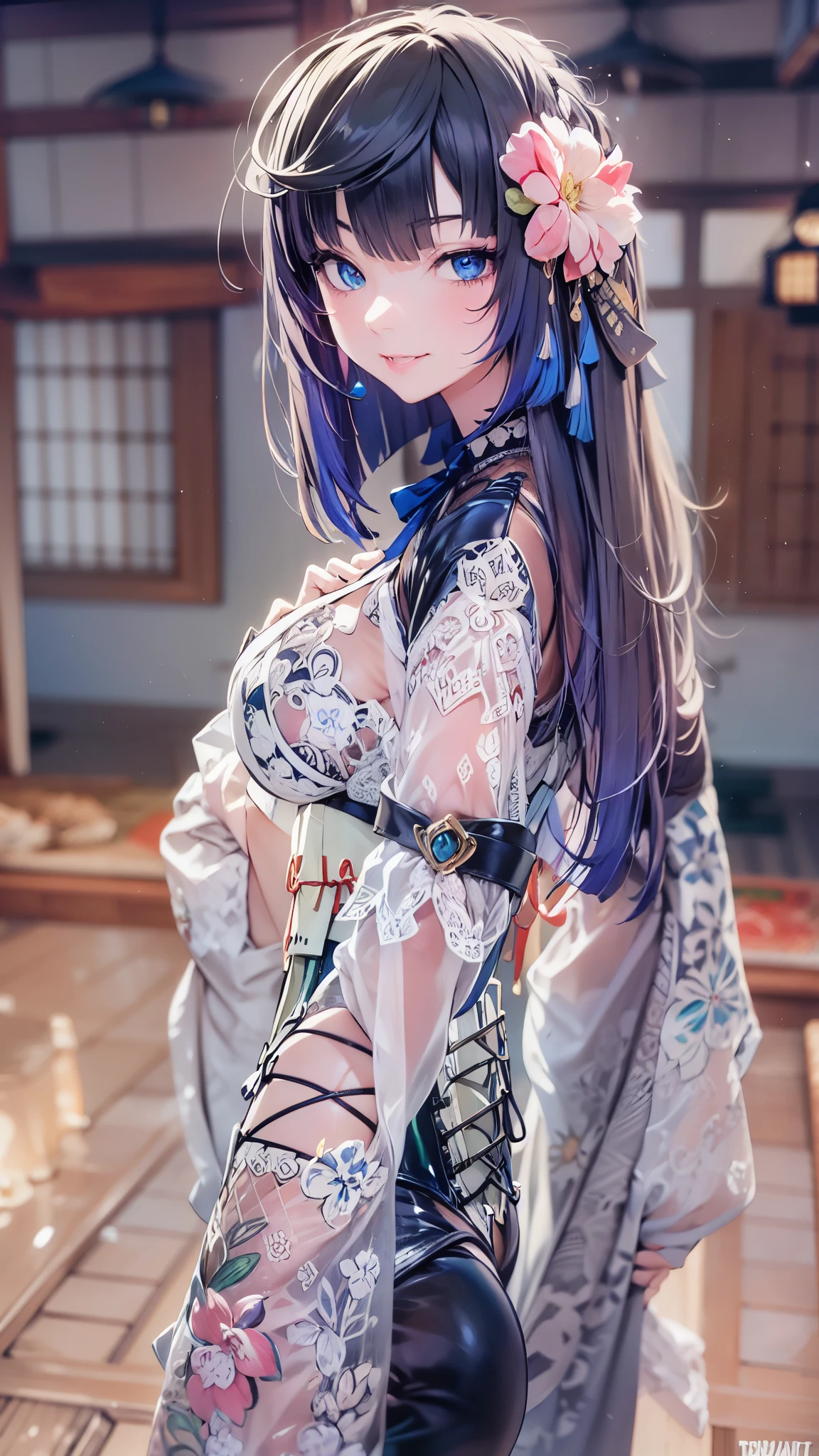A gothic maiden anime young girl, BREAK Dark blue and short bob hair, blunt bangs, (Sanpaku blue eyes:1.3), unpleasant smile, BREAK Standing with her back straight, BREAK Perfect anatomy, (black multi-layered Japanese kimono with detailed embroidery:1.3), (black latex gloves:1.2), (lace-up boots:1.2), (corset:1.5), BREAK Shallow depth of fields, soft focus, incredibly absurdres, super detailed illustration, extra detailed face, super detailed illustration, extra detailed face, raw photography, DeviantArt trends, natural soft light.