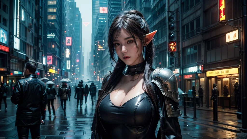 masterpiece,best quality,high resolution,8k,(portrait photo:1.5),(R Original Photo),real picture,digital photography,(Combination of cyberpunk and fantasy style),(female soldier),20 year old female elf,Random hairstyle,through bangs,(red eye breasts, Accessories,Keep your mouth shut,Elegant and charming,Serious and arrogant,Calm and handsome,(Cyberpunk combined with fantasy style clothing,hollow-carved design,big breasts，joint armor,photo poses,Realistic style,gray world background,oc render reflection texture，sentry，futuristic city，Medium distance photography