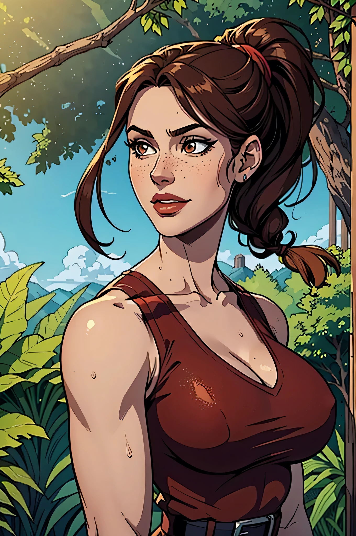 ( absurd lines, of high quality, Ultra Delicate , hand care) close up of an athletic and slender woman, 30 years, 8k (( high definition)), sighing smile , Seductive look (( looking at the camera)), brown eyes, wearing an oil blue tank top (( V-neck, sleeveless )), brown belt, arms positioned on the sides of the body, dark skin, long straight brown hair (( with a braided ponytail )), She is strolling through the jungle (( upper body, side view )), with freckles on your chest and neck , (( big round breasts, sweaty )), (( Well defined collarbone)). Estilo Marvel de linhas of high quality, forest in the background.