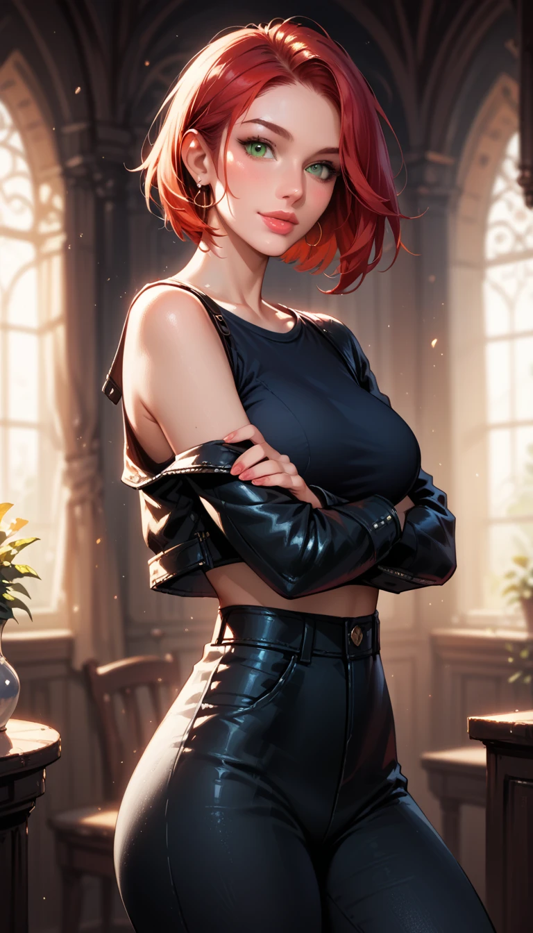 Half body portrait of a photorealistic beautiful woman,Gang leader, short red hair, sensual body , Black turtleneck sweater, white pants, indian necklace, background beautiful church ,gt500 cunning look, rough look, cinematic, 6d cannon, octane rendering, aesthetics, mysterious aura, dark atmosphere, detailed face, mysterious aura, glowing skin, intense brown eyes, arched eye brows, makeup, full lips, dark red lipstick
