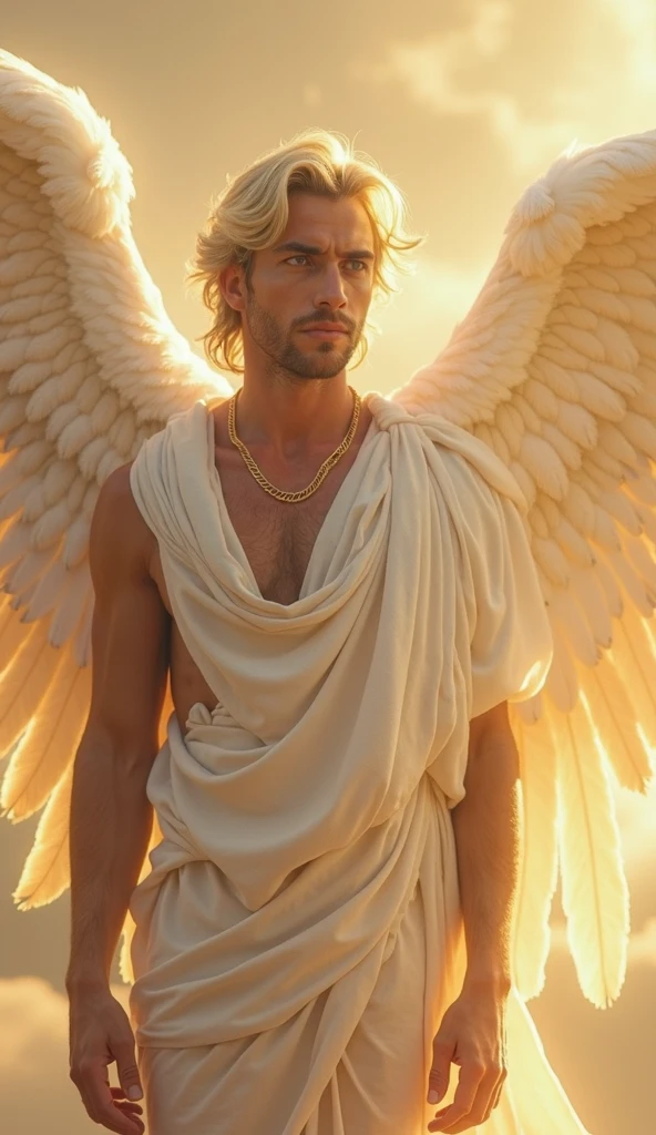 (masterpiece, top quality, best quality, official art, beautiful and aesthetic:1.2), full body, extreme detailed,(fractal art:1.3),colorful,highest detailed, angelic character, wings, halo on back of head, white and gold colors, jewelry, smug face, genderless, intricate outfit, intricate design, sunkissed tan skin, flat chest, thin thighs, robe, long curly hair, masculine, twink