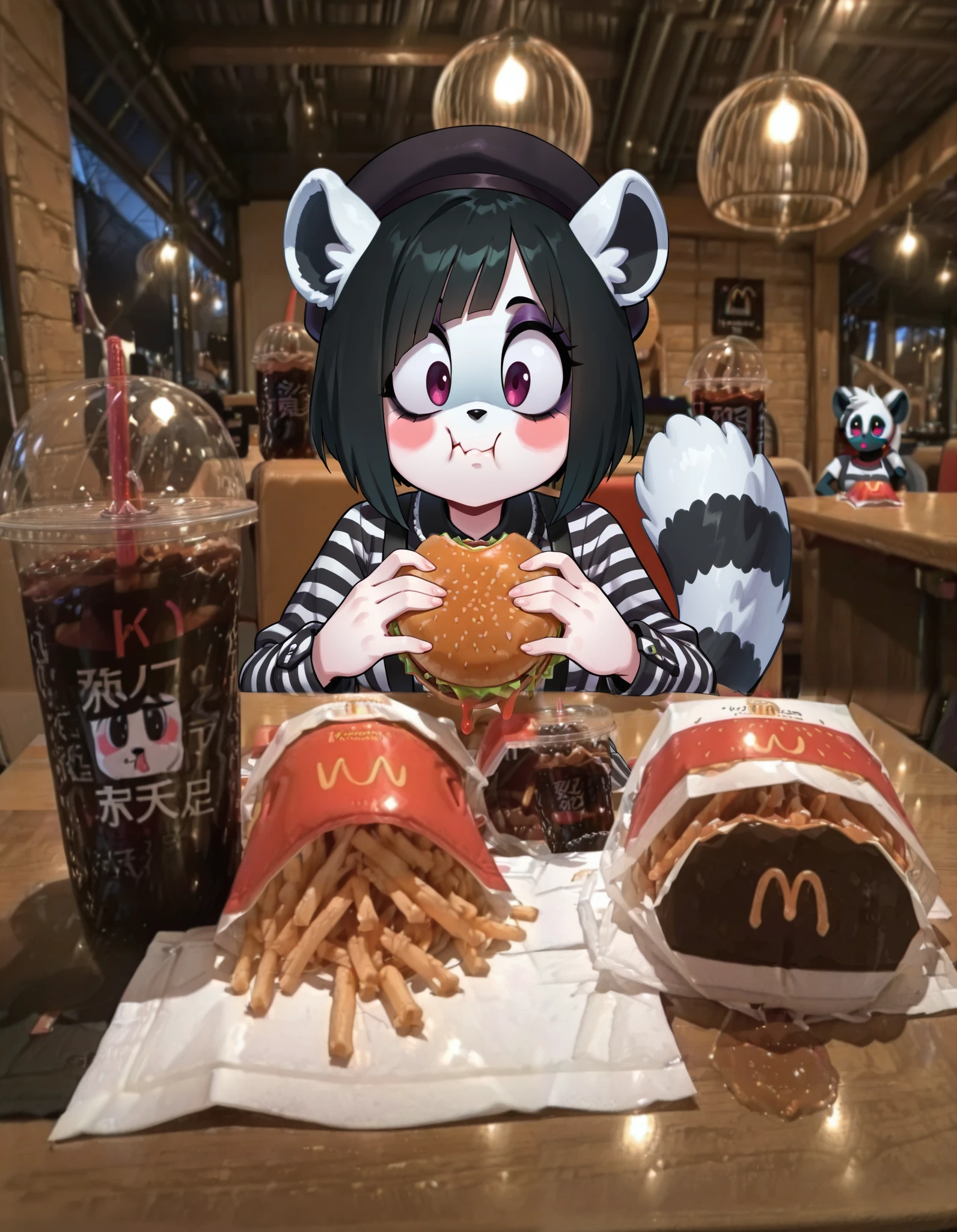 masterpiece, best quality, amazing quality, very aesthetic, absurdres, source furry, 1female, ((short body)), mime clothes, mime makeup, lemur, fluffy tail, lemur ears, long tail, black and white, black beret, black short hair, suspenders, posing, goth, emo, baggy pants, striped shirt, chubby, burgerdate, :t, closed mouth, eating, holding, holding food, looking at viewer, pov across table, burger, fast food, burger on table, photo background, wooden table, soda, cola, drink, napkin,