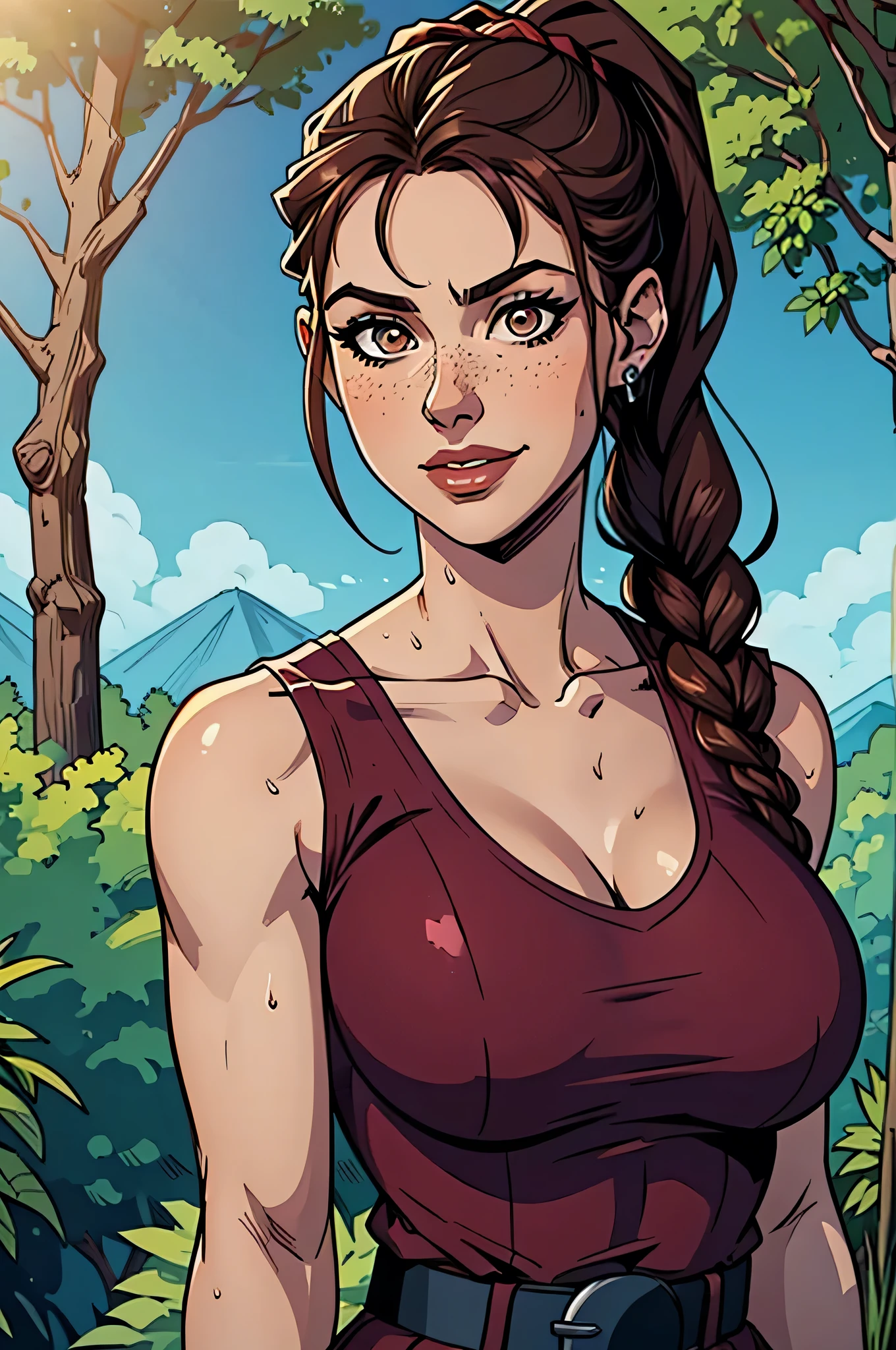 ( absurd lines, of high quality, Ultra Delicate  , hand care) close up of an athletic and slender woman, 30 years, 8k (( high definition)), sighing smile ,  Seductive look (( looking at the camera)), brown eyes, wearing an oil blue tank top (( V-neck, sleeveless )), brown belt, arms positioned on the sides of the body, dark skin,  long straight brown hair (( with a braided ponytail  )), She is strolling through the jungle (( upper body )),  with freckles on your chest and neck  , (( big round breasts, sweaty )), (( Well defined collarbone)). Estilo Marvel de linhas of high quality, forest in the background.