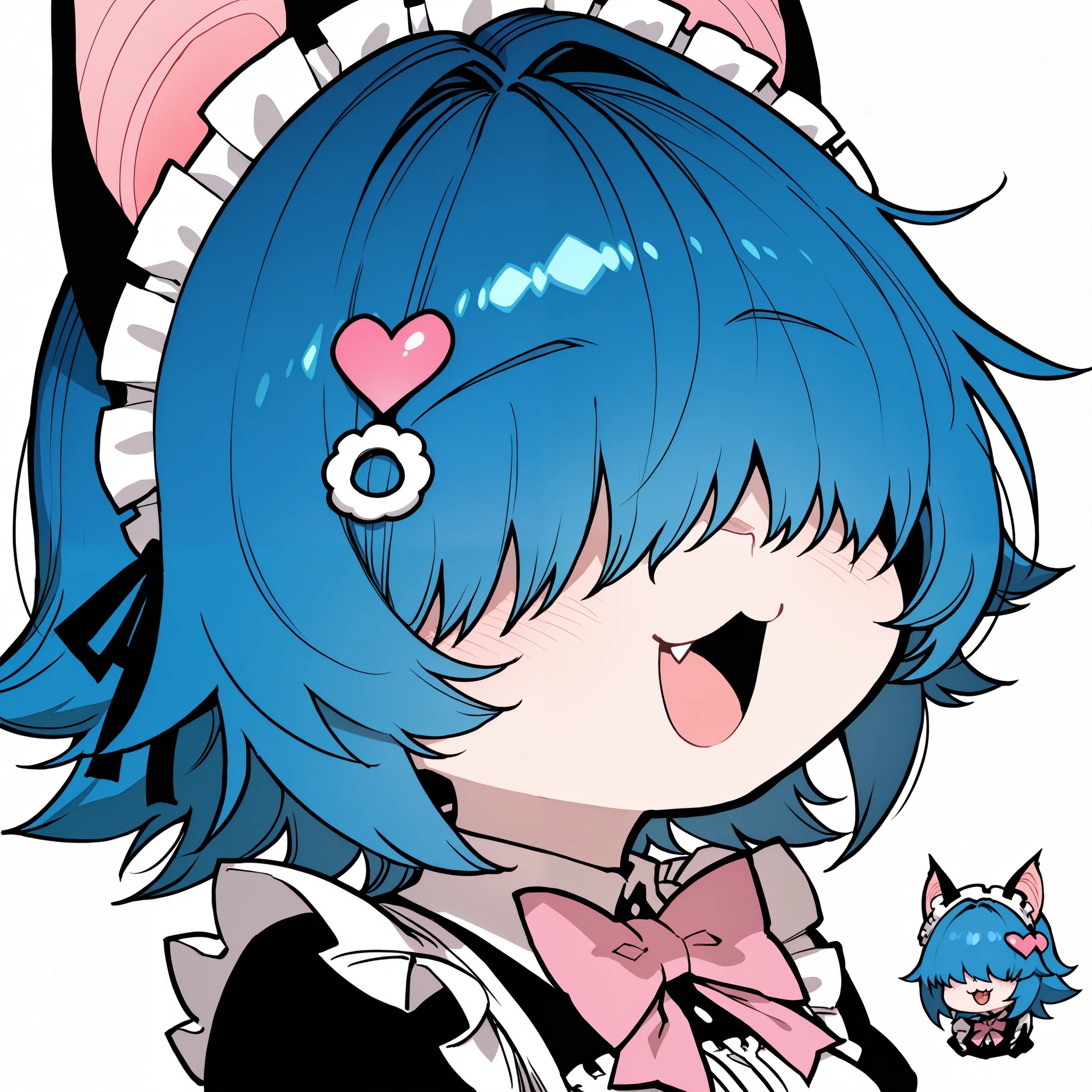 HDR, masterpiece, best quality, high resolution, 4k, 8k, (ratatat74 style:0.7), (ssambatea style:0.8), polished, detailed, cute girl, newest, short girl, 1girl, solo, short hair, spiked hair, messy hair, hair over eyes, covered eyes, cyan blue hair, small breasts, fang, cyan blue bat ears, pink heart hair clip, maid, pink bowtie, chibi , face portrait, face close-up, mitsuki face, :3, open mouth
