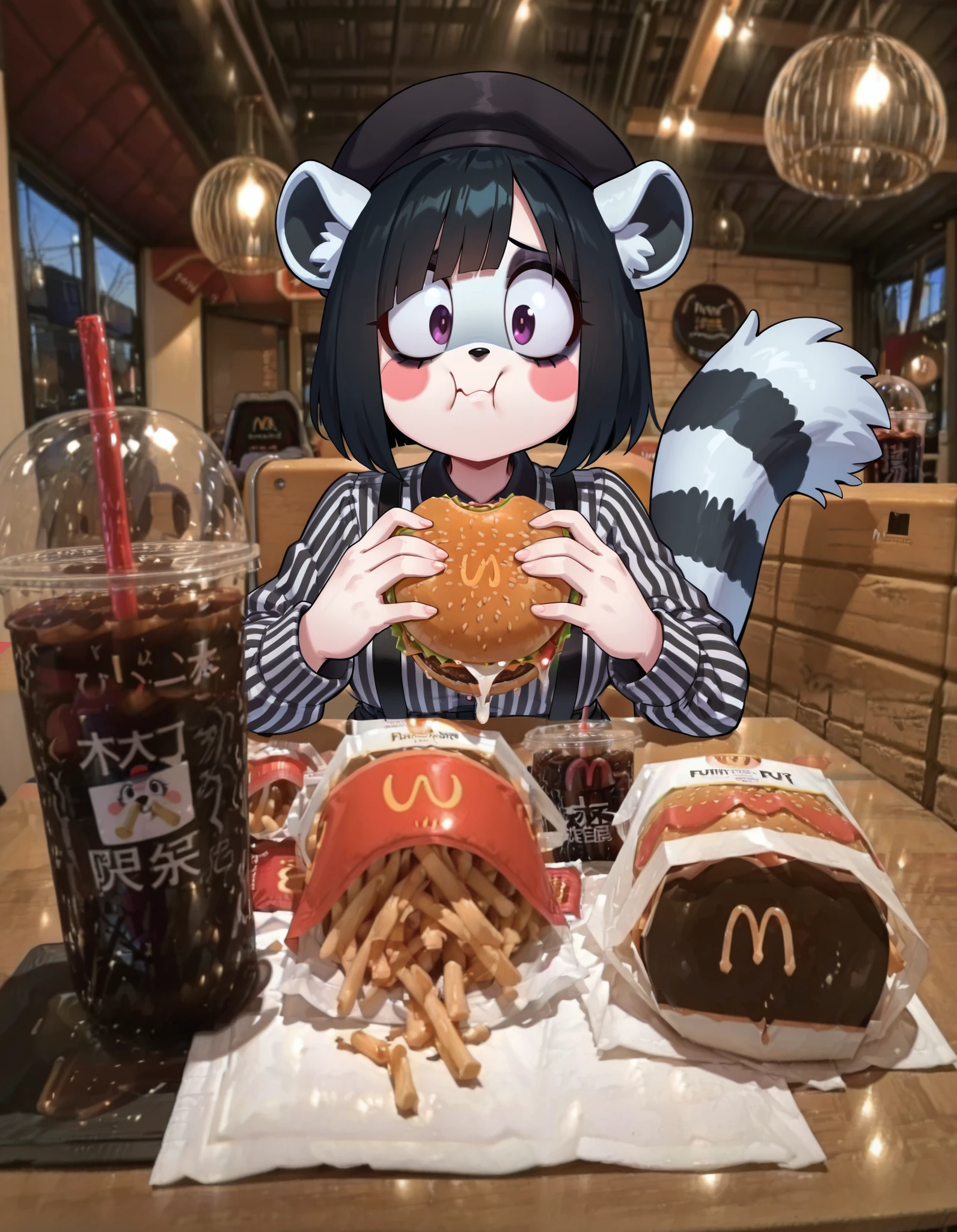masterpiece, best quality, amazing quality, very aesthetic, absurdres, source furry, 1female, ((short body)), mime clothes, mime makeup, lemur, fluffy tail, lemur ears, long tail, black and white, black beret, black short hair, suspenders, posing, goth, emo, baggy pants, striped shirt, chubby, burgerdate, :t, closed mouth, eating, holding, holding food, looking at viewer, pov across table, burger, fast food, burger on table, photo background, wooden table, soda, cola, drink, napkin,