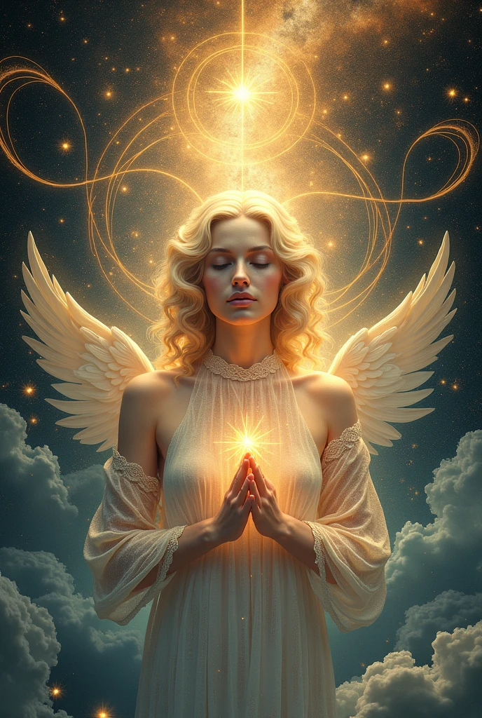 Create a radiant and joyful image for the "Nine of Chalices" card, inspired by the traditional Rider-Waite Tarot but adapted for the "Lumen Angelis" deck with an angelic and celestial theme. In the center, depict a majestic, angelic figure seated with a serene and content expression. The angel is adorned in flowing robes of gold and white, symbolizing fulfillment and divine satisfaction. The wings are gently spread, glowing with a soft light, emphasizing a sense of peace and contentment.

In front of the angel, arrange nine golden chalices in a graceful arc, each cup filled with shimmering, ethereal light. The chalices are placed on a smooth, marble-like surface that reflects their golden glow, symbolizing abundance and emotional fulfillment. Behind the angel, a luminous backdrop of a star-filled sky stretches out, with a subtle aurora of colors—pink, blue, and gold—creating a divine and harmonious atmosphere.

To the sides of the angel, depict delicate celestial ornaments or symbols, such as small, floating orbs of light or sacred geometric patterns, emphasizing the divine blessing and harmony of this moment. The overall mood of the card should evoke a sense of deep satisfaction, emotional richness, and the manifestation of heartfelt desires, perfectly in tune with the themes of the "Lumen Angelis" deck.