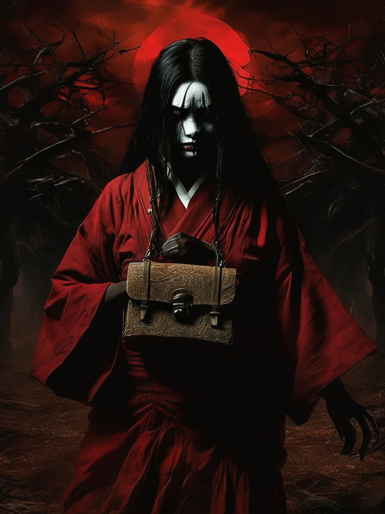 Create a digital artwork depicting a modern Japanese person standing in front of Kuchisake-onna. Both characters should be shown in full body. 