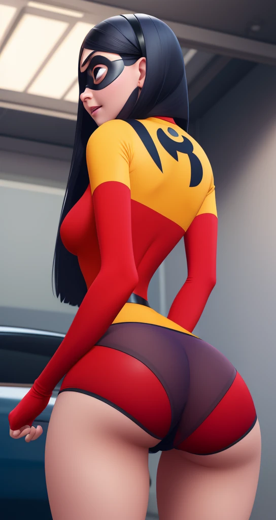 violet parr, 1girl, long hair, high quality 4k, beautiful, masterpiece, closeup, clothes from the incredibles, thight miniskirt, 4k, beautifull feet, sexy , medium breasts, underboob, curvy, nice ass,