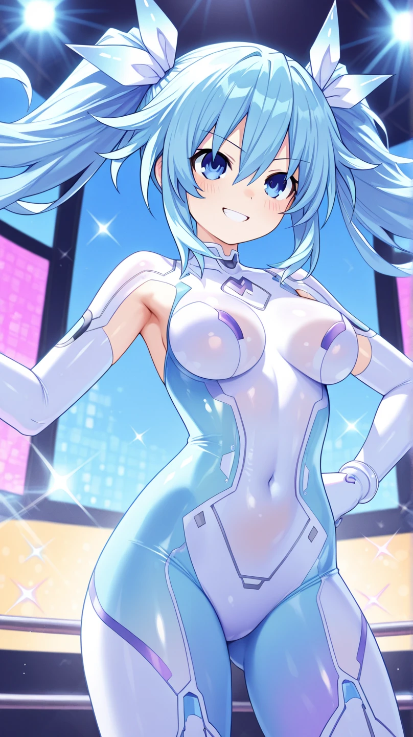 1girl, bunny ears, rabbit ears, sneakers, shoes, futuristic, tech, machinery, science-fiction, bikini, black bikini, blue trim, blue neon trim, neon trim, blue hair, very short hair, blue eyes, smile, light smile, wide hips, breasts, large breasts, car, sports car, sport car
