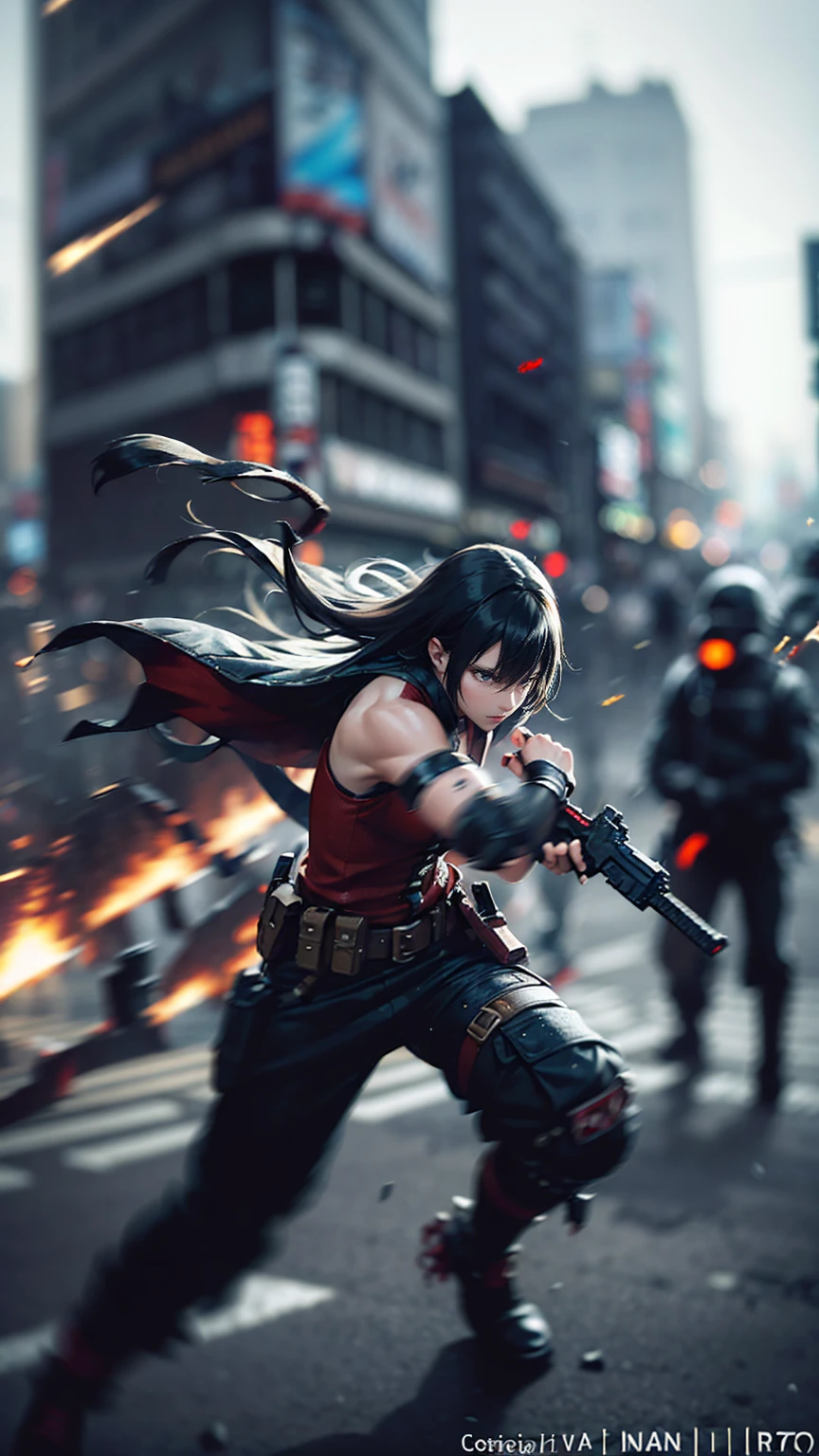(Super detailed, ultra hd, 8k, best quality, masterpiece, super realistic) girl, alone, red hood, ronin cloth, cyan eye, realistic eye, detailed eye, holding lightsaber (war, collapse, bloodlust, intense situation, serious environment)