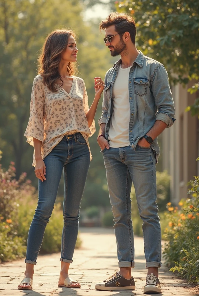 full body photo of a young handsome man and young pretty woman wearing top t-shirt, bottom blue jeans, hand in hand walking in the morning, make sure towards the camera in a beautiful park, with a small river flowing, feature details, photo ultra realistic, DLSR Leica 50 mm, HD 8K, ultra wide angle, cinematic lightning.
