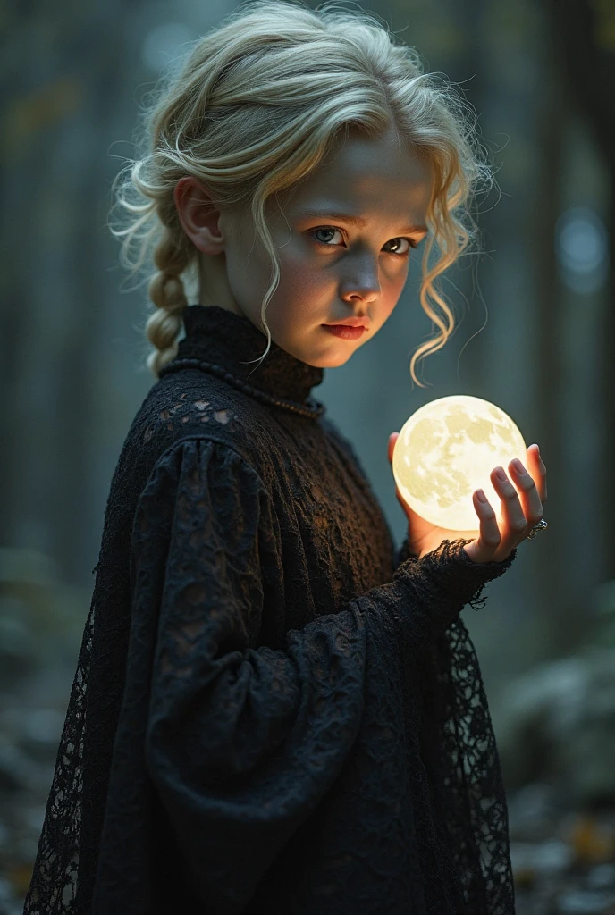 beautiful little witch girl, angelical face,sitting on the floor holding an illuminated ball, the ball illuminates her face,magical scenery, beautiful flowers, refined details, work of art.