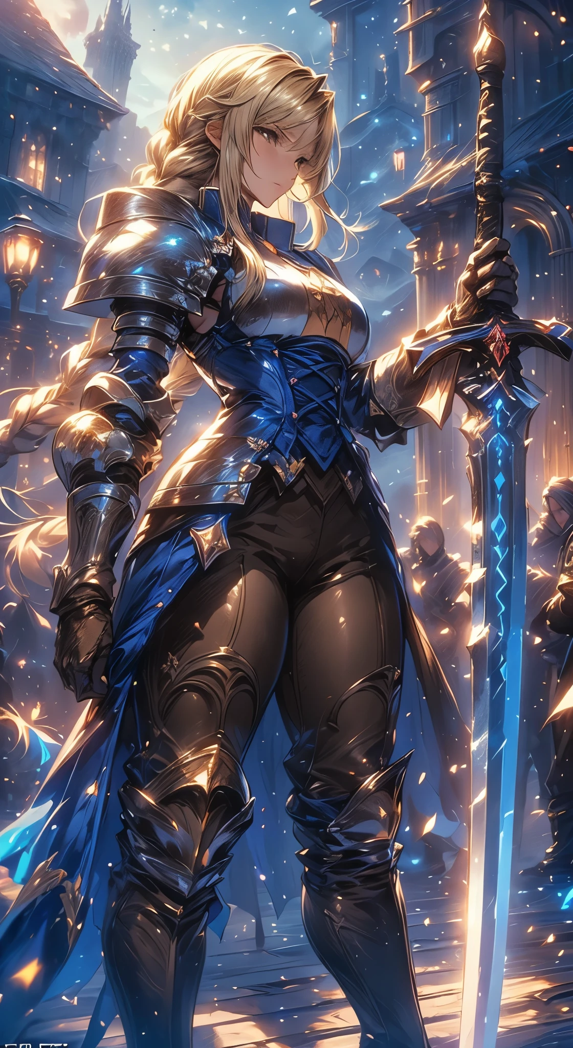 (Agrias Oaks\(Final Fantasy Tactics\),score_9, score_8_Excellent, score_7_Excellent, 32K ,detailed depiction 、 Girl Destroys with a Sword in Her Hand, Luxurious Sword, blonde hair, braided ponytail ,brown eyes,shoulder armor, armor, corset ,(brown pants:1.3), Knee pads, blue dress , brown gloves, pants, Cross Race Boots ,Big Breasts,Dynamic Poses Seen from Below Her Back, combat posture,dynamic angle,(\(Become, European Sword , , glows blue\):1.4)\), (with a straight sword, a shining blue aura erupts from her whole body), Female Paladin Picture , Animated Fantasy Art Destruction ,background\ long hit ,dynamic angle,A huge crystal is on the ground, 青い月と星のbackground,night sky , (alone:1.6 )(top quality)),(Ultra High Resolution),(Super Detail)